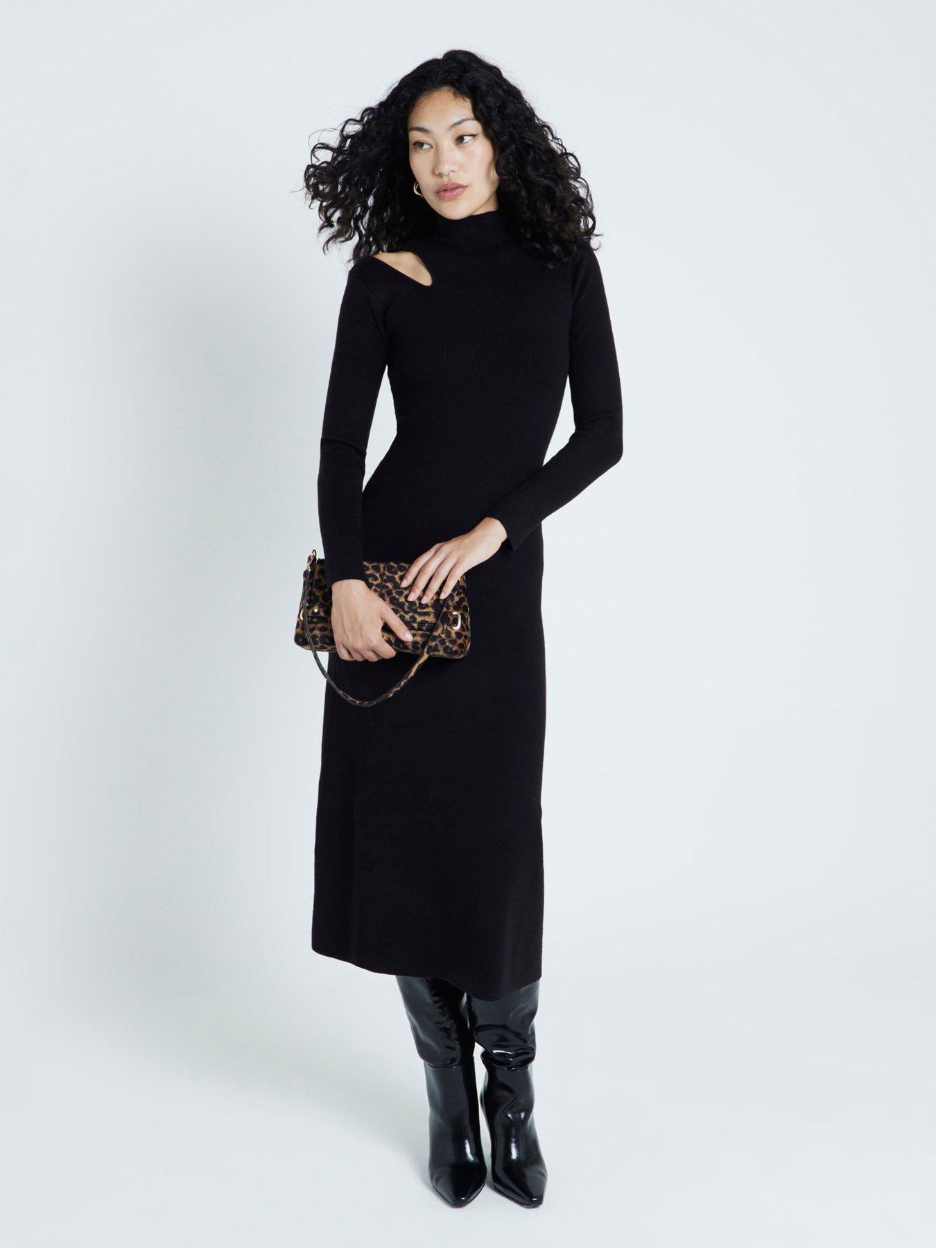 undefined High Neck Cut Out Midi Dress - Black