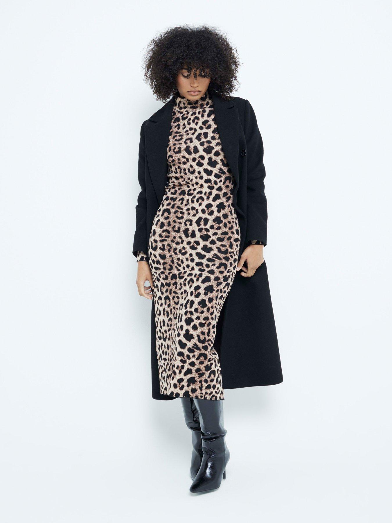 undefined High Neck Animal Print Midi Dress - Light Beige