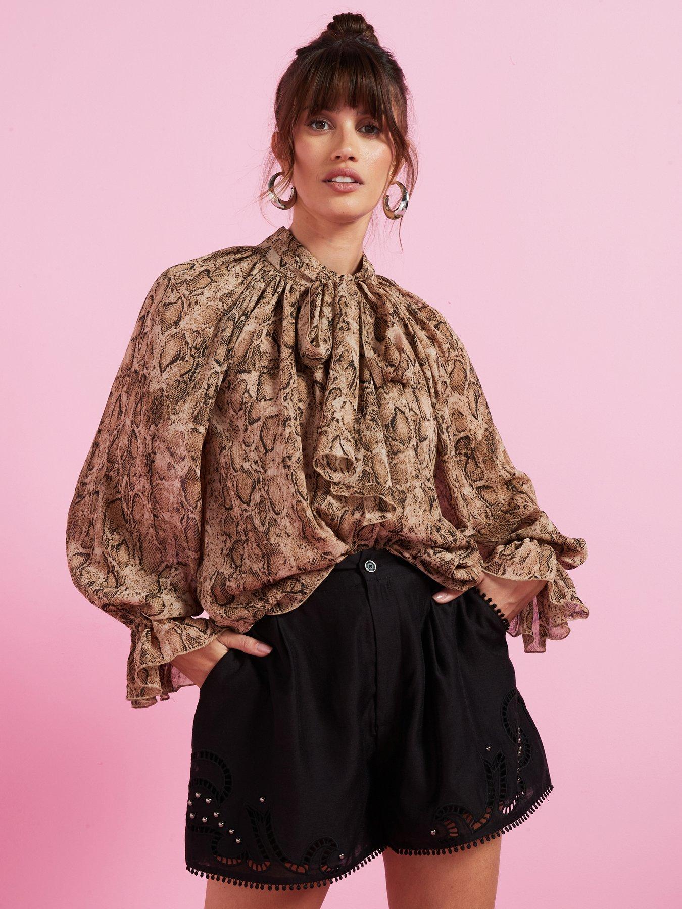 undefined Snake Printed Volume Sleeve Sheer Blouse - Brown
