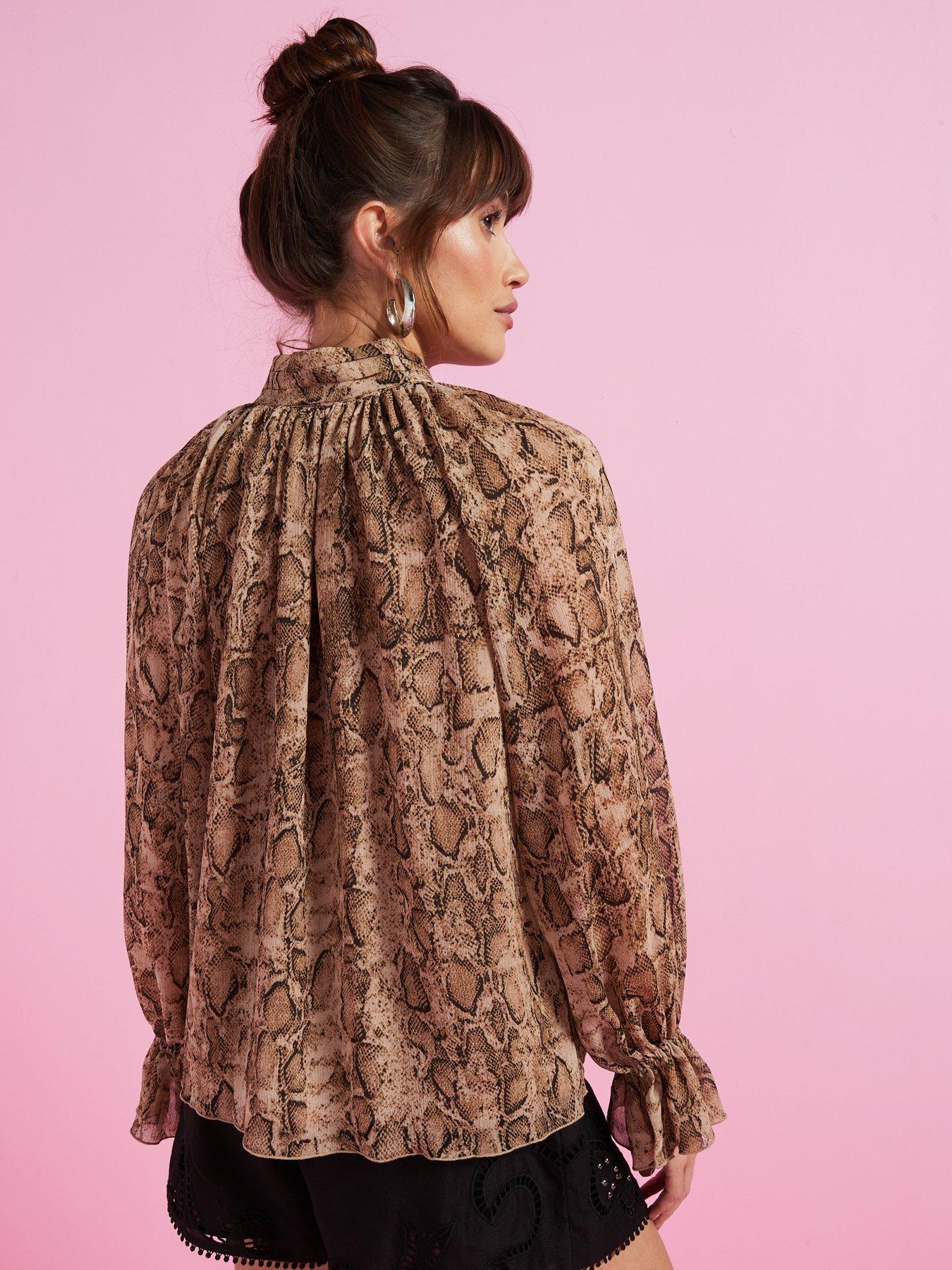 Image 2 of 6 of V by Very Snake Printed Volume Sleeve Sheer Blouse - Brown