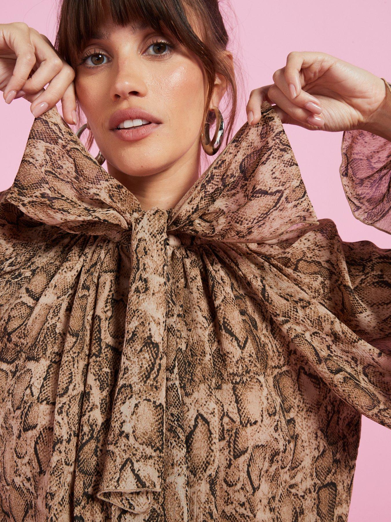 Image 6 of 6 of V by Very Snake Printed Volume Sleeve Sheer Blouse - Brown