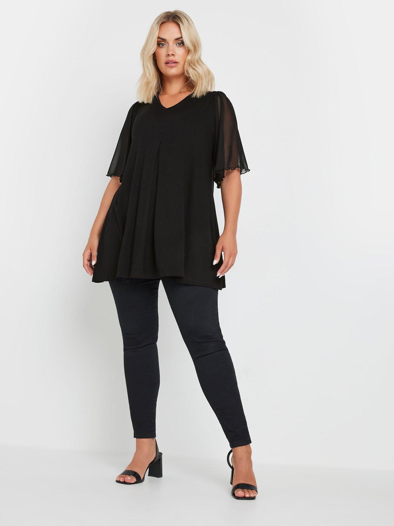 undefined Curve Pleat Front Mesh Sleeve Top - Black