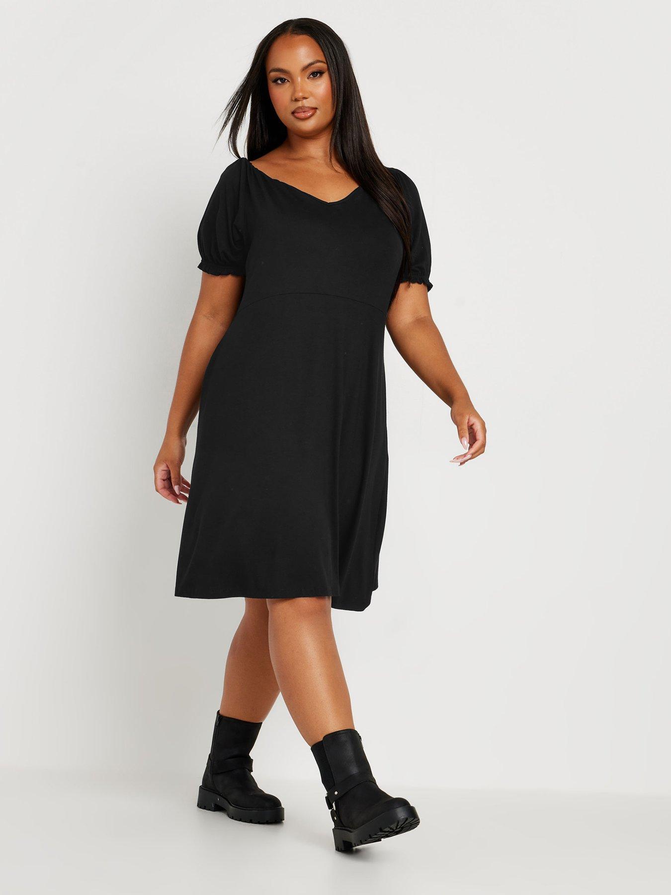 undefined Curve Puff Sleeve Day Dress - Black