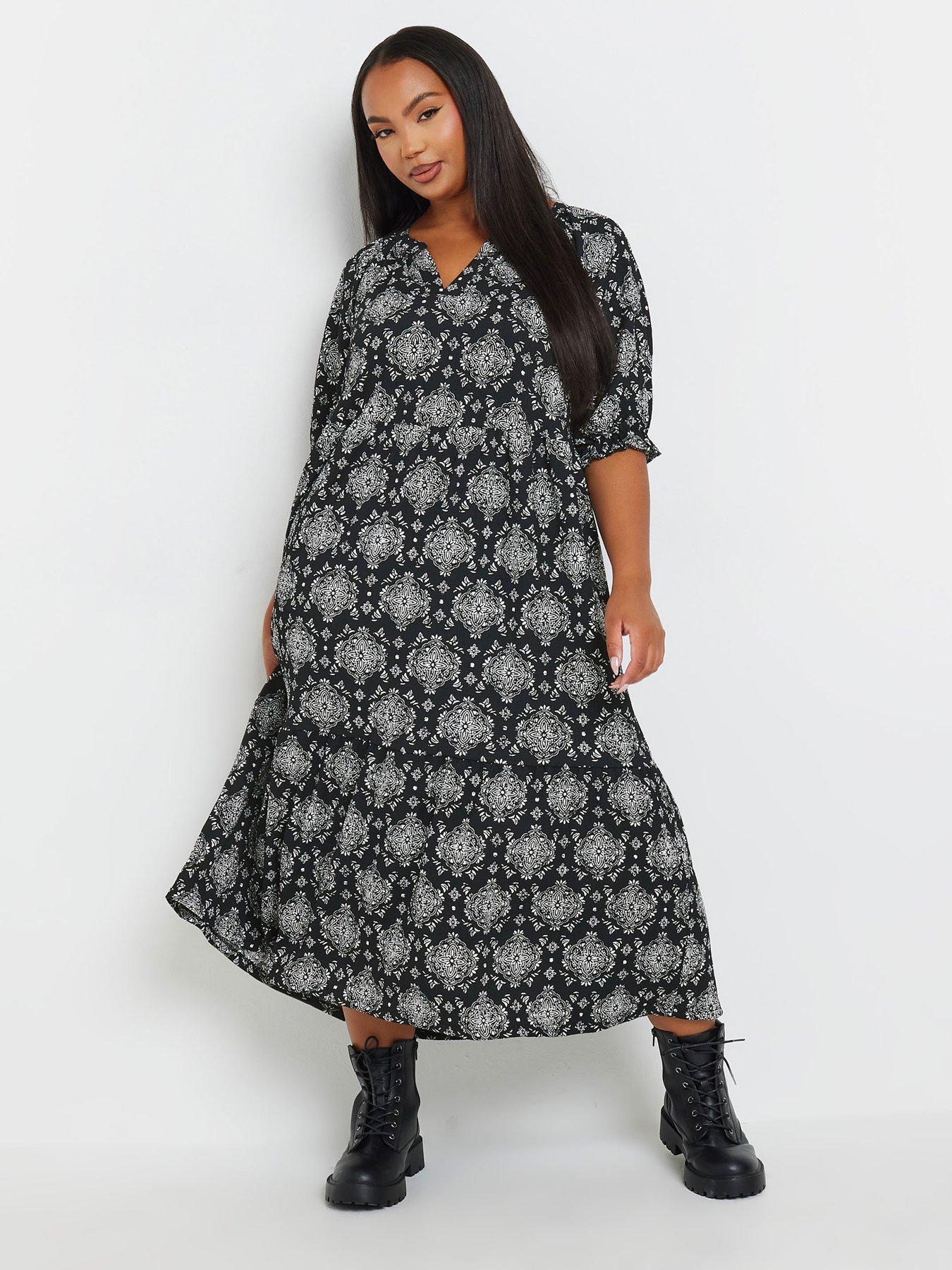 undefined Curve Notch Neck Tiered Dress - Black