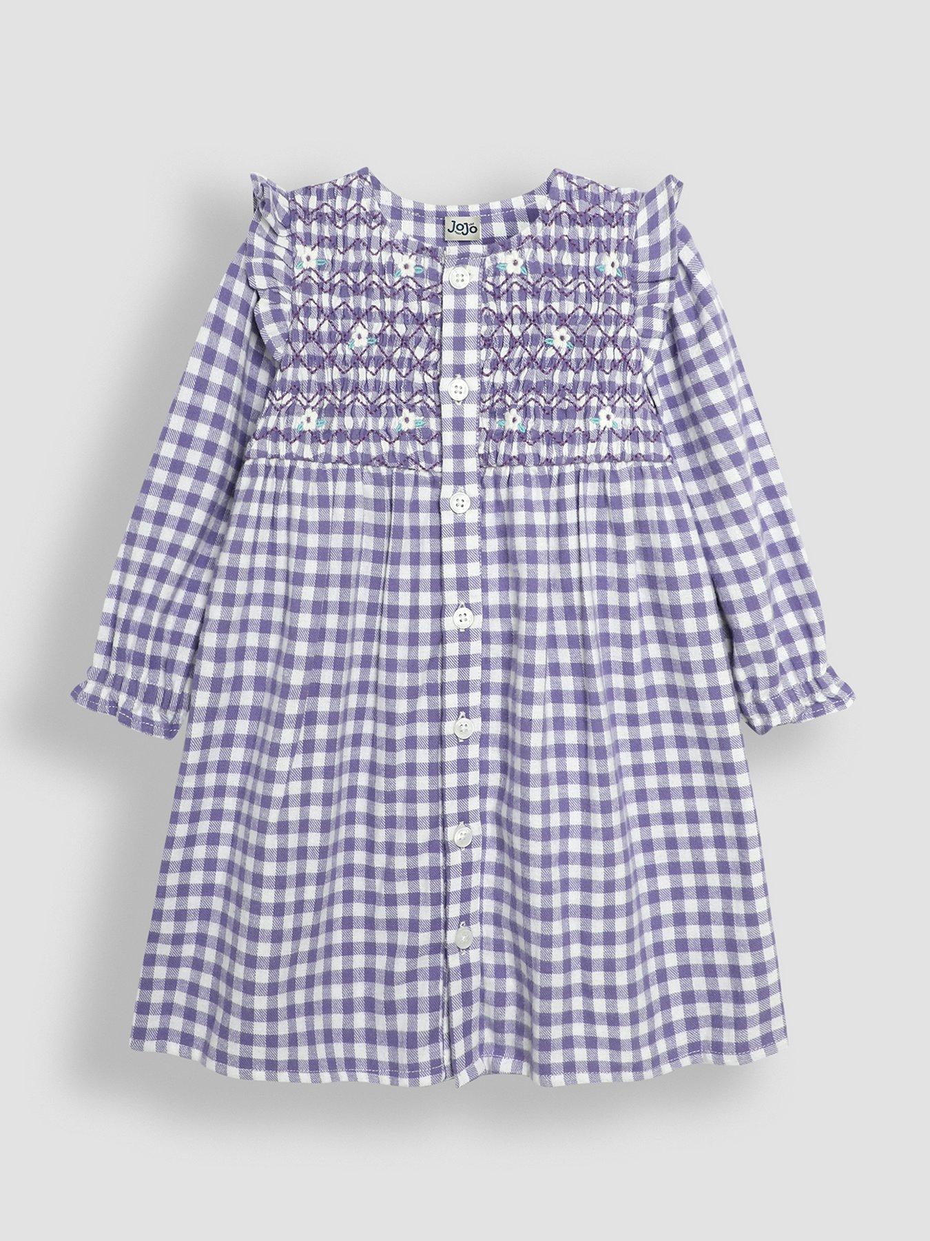 undefined Girls Gingham Button Through Smocked Dress Set - Purple