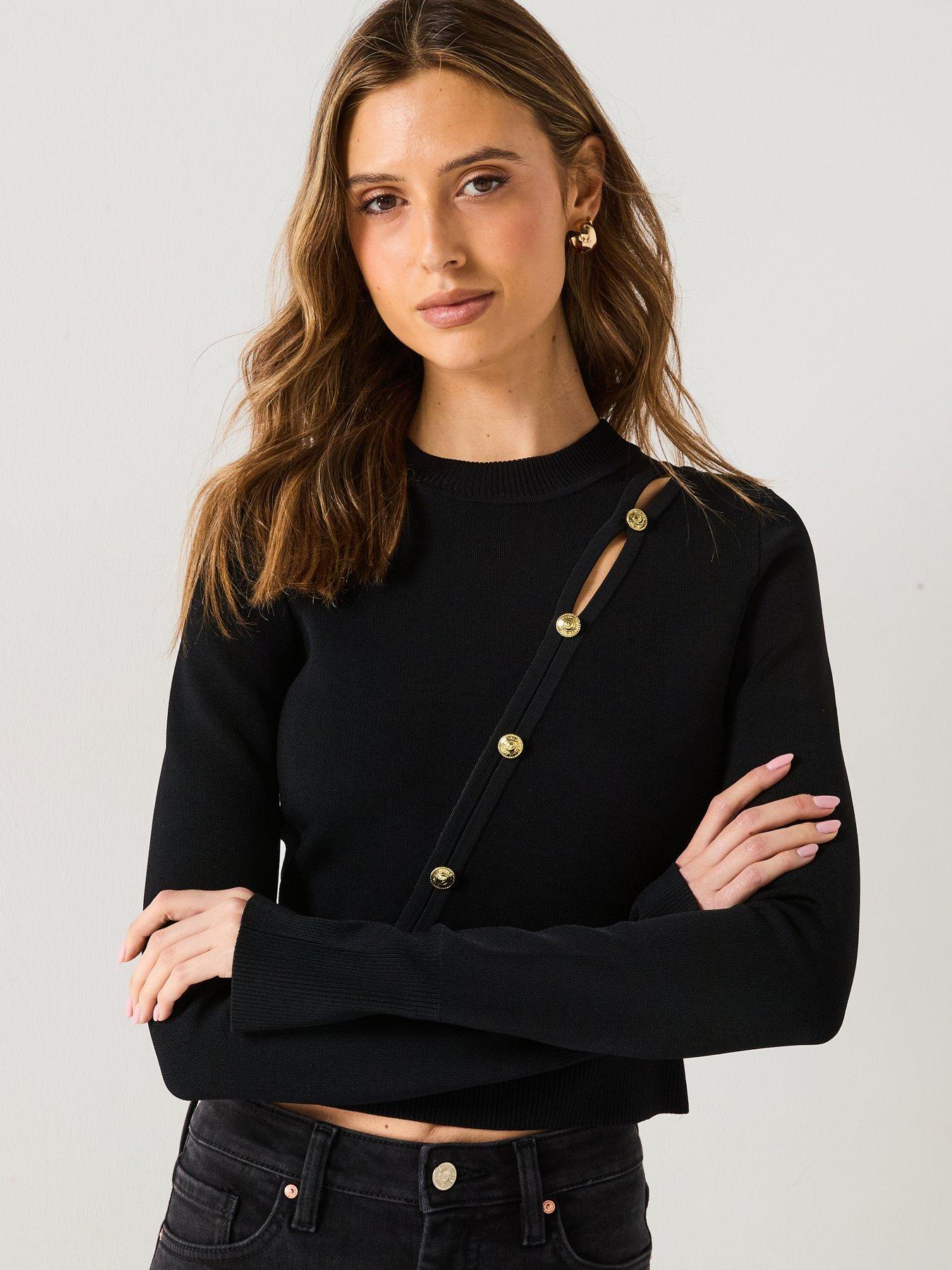 undefined Button Detail Cropped Knit Jumper - Black