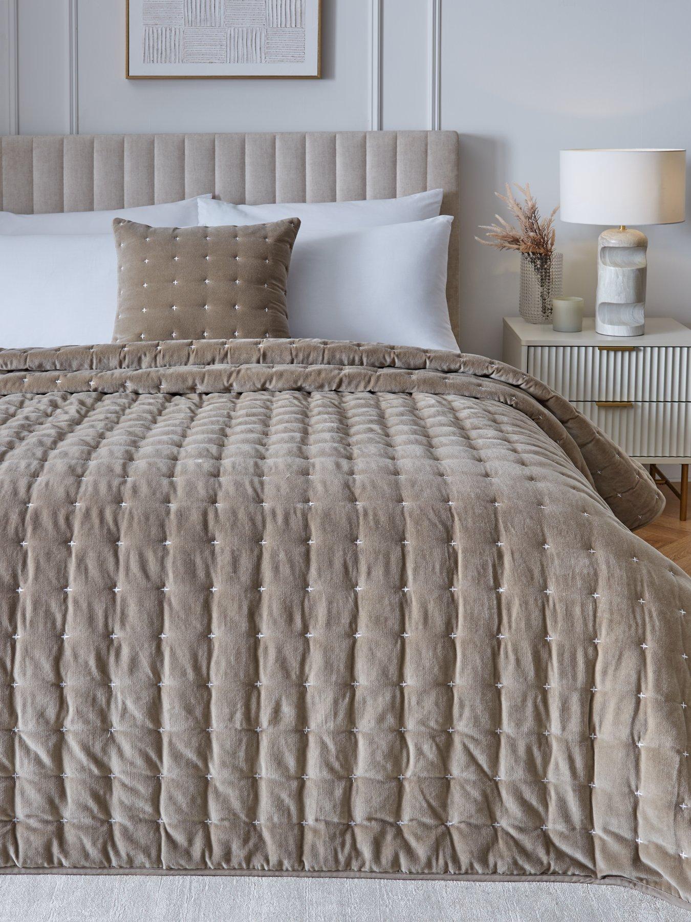 Very Home Cross Stitch Quilted Bedspread Throw in Taupe