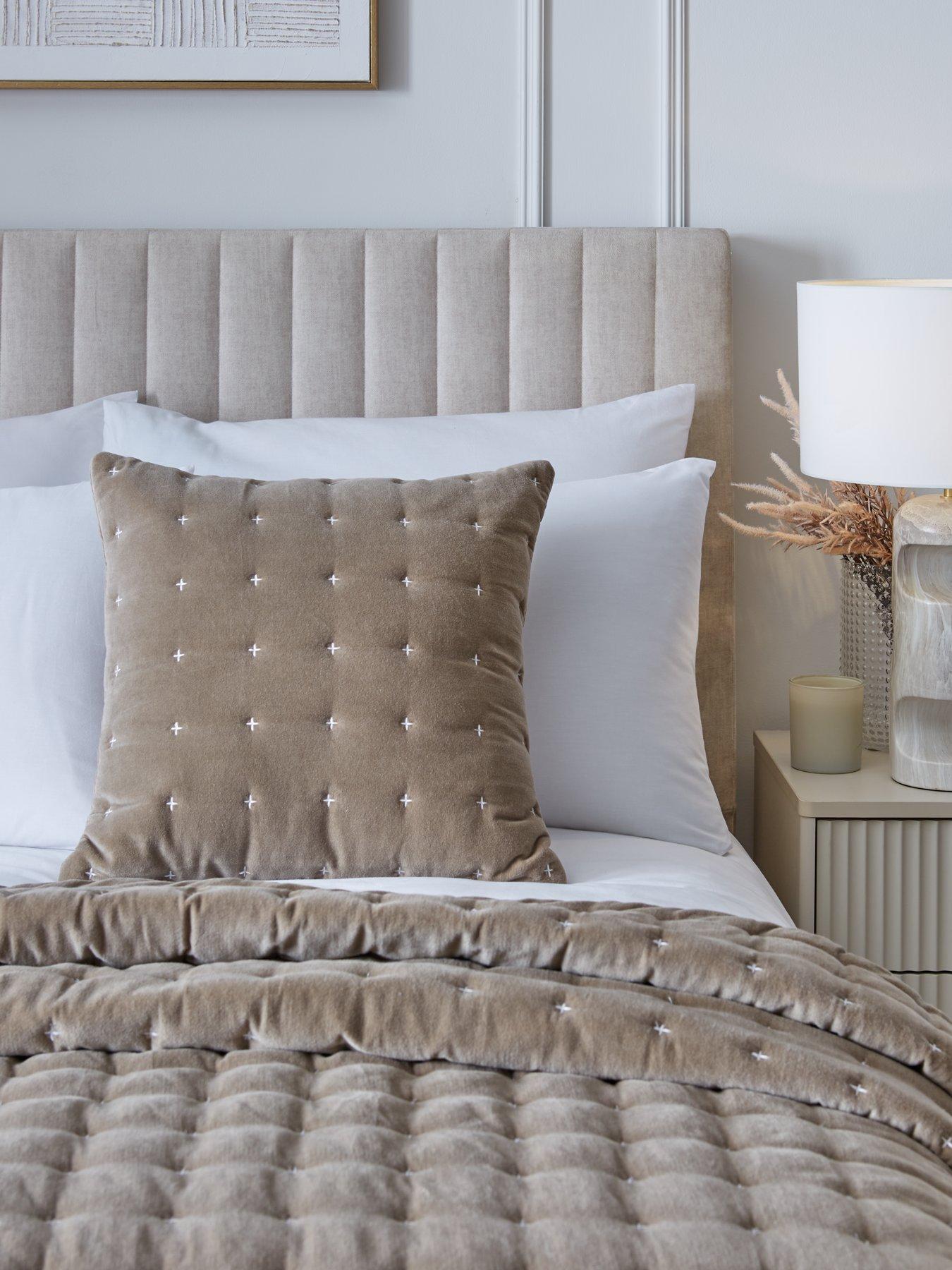 Image 1 of 5 of Very Home Cross Stitch Quilted Cushion in Taupe
