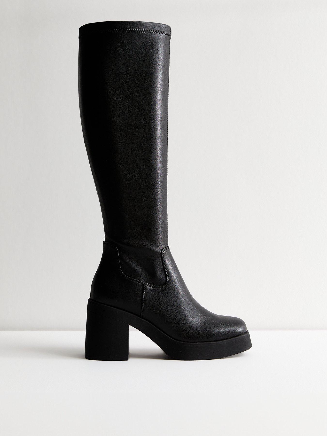 Chunky Heel Leather Look Knee High Boots Black