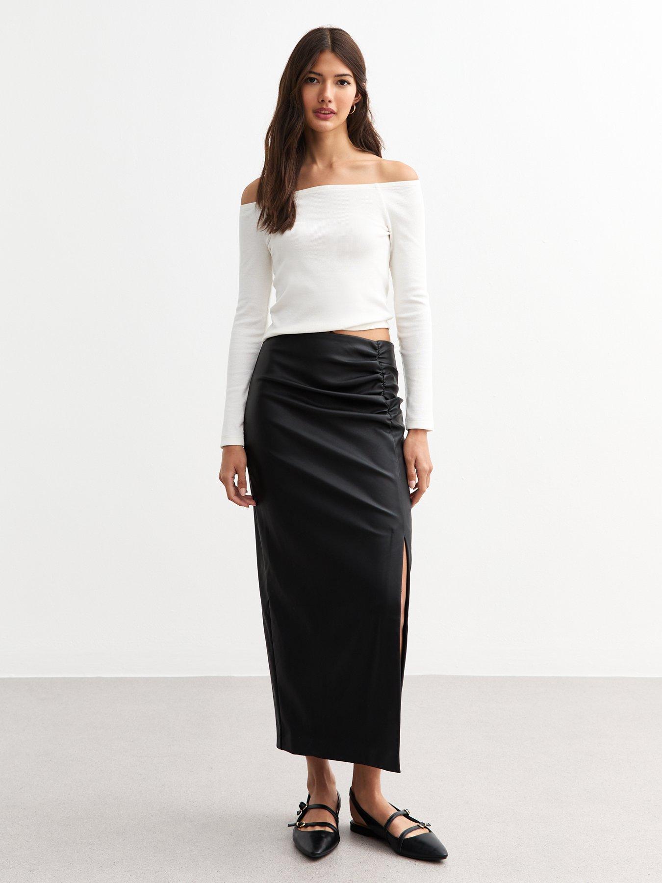 undefined Ruched Leather-Look Midi Skirt - Black