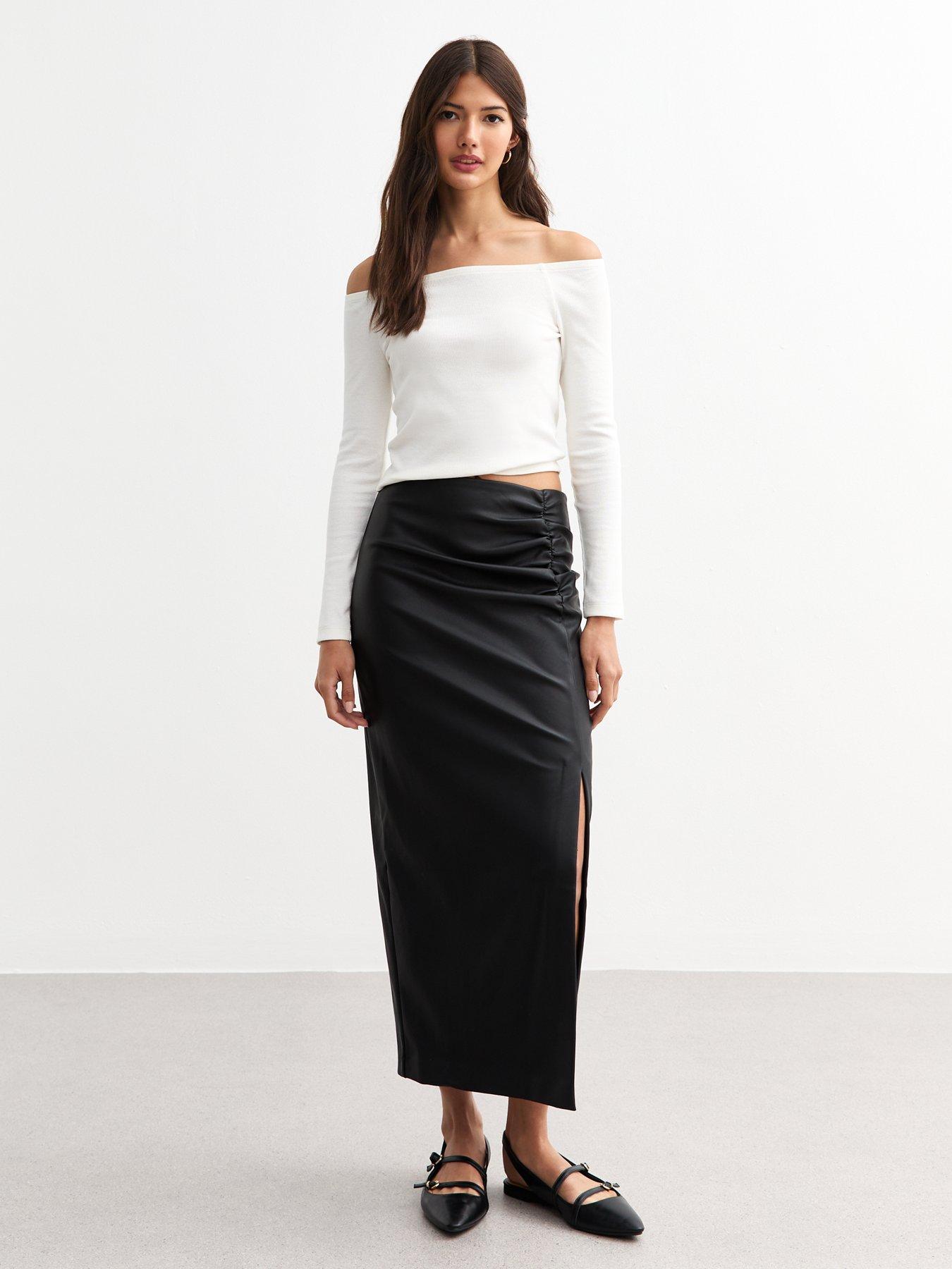 New Look Black Ruched Leather look Midi Skirt littlewoods