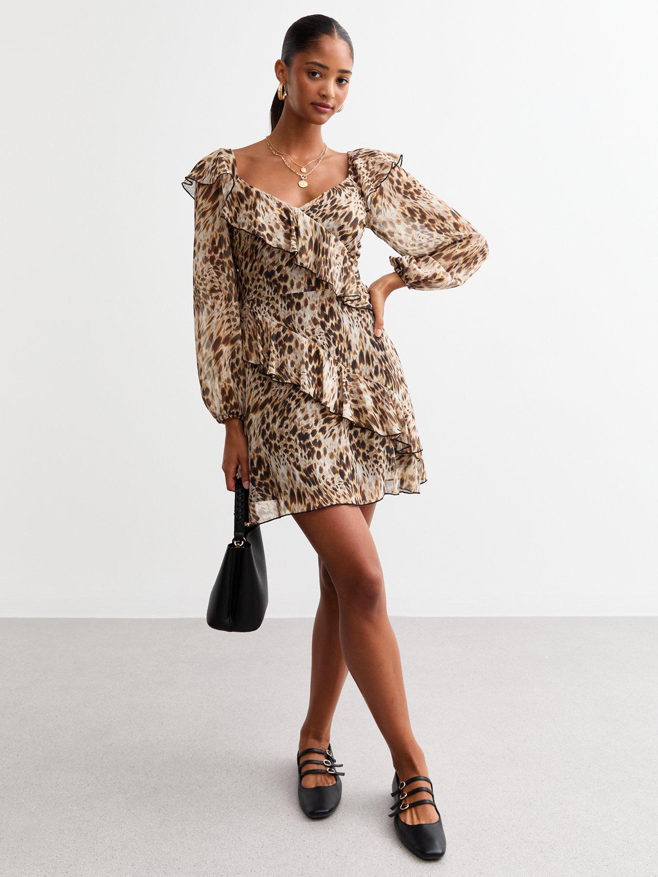 undefined Brown Animal Ruffled Mini Dress - Print