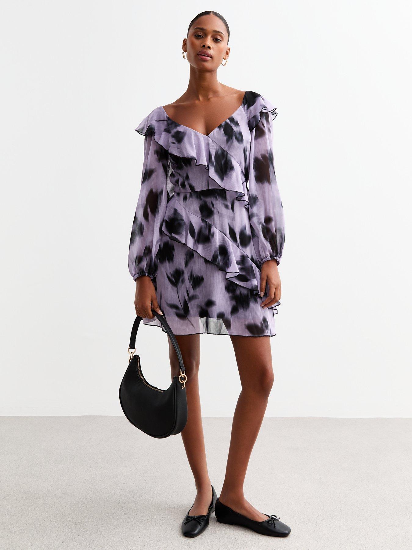 undefined Blur Floral Chiffon Mini Dress - Purple