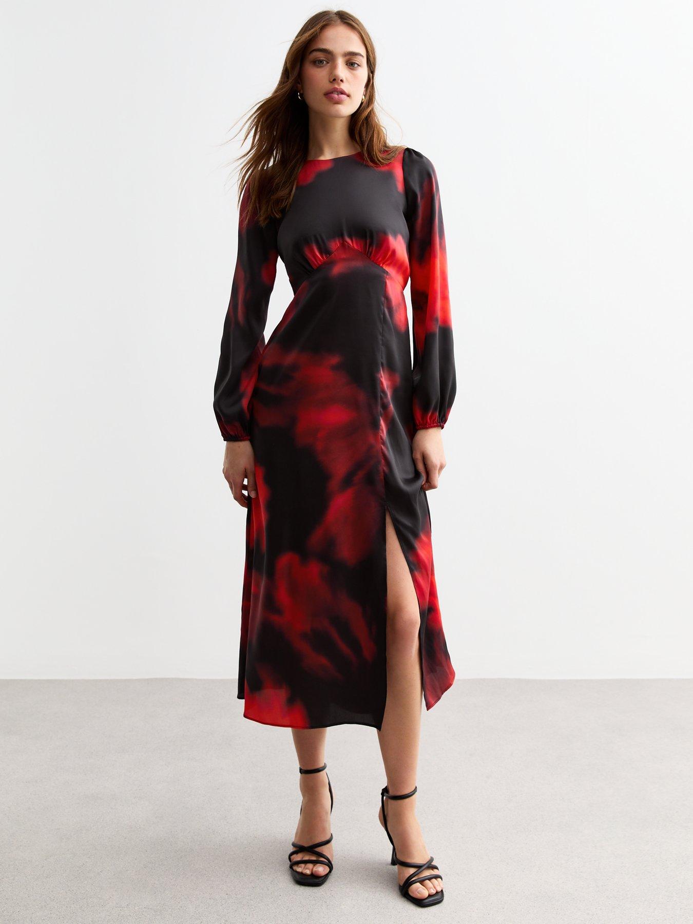 undefined Blurred Floral Open Back Midi Dress - Black/Print
