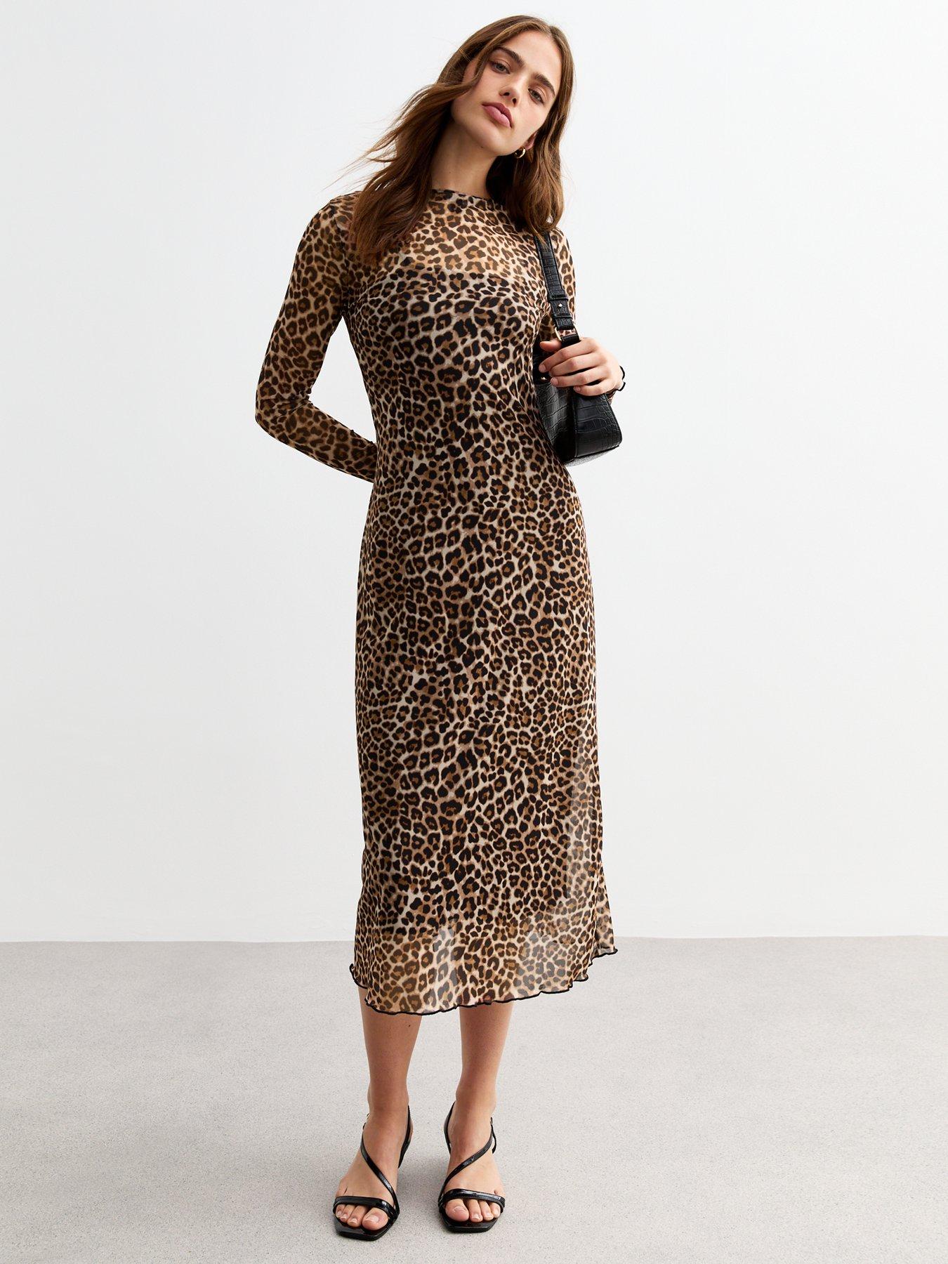 undefined Leopard Mesh Midi Dress - Brown