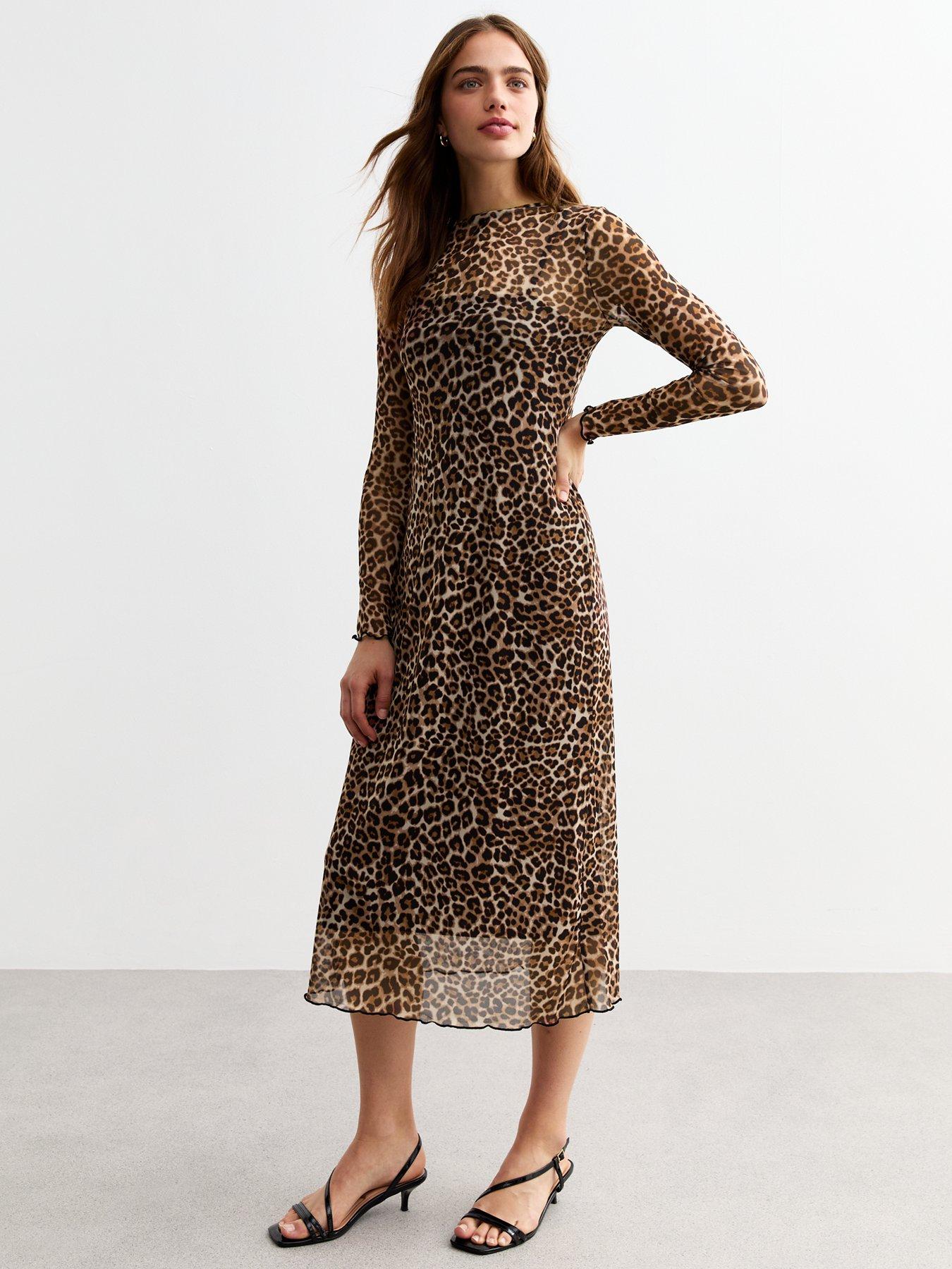  image of new-look-leopard-mesh-midi-dress-brown
