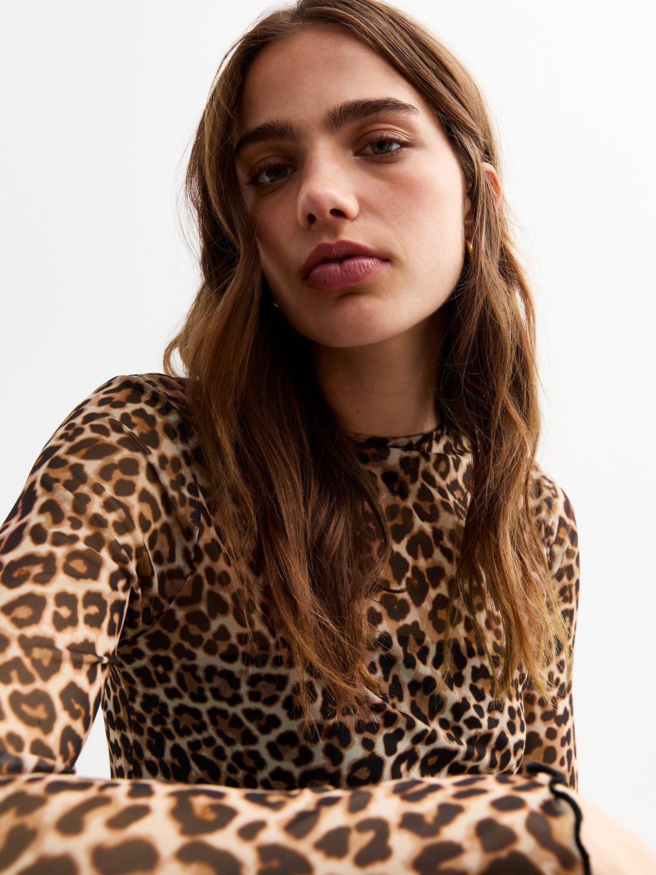  image of new-look-leopard-mesh-midi-dress-brown