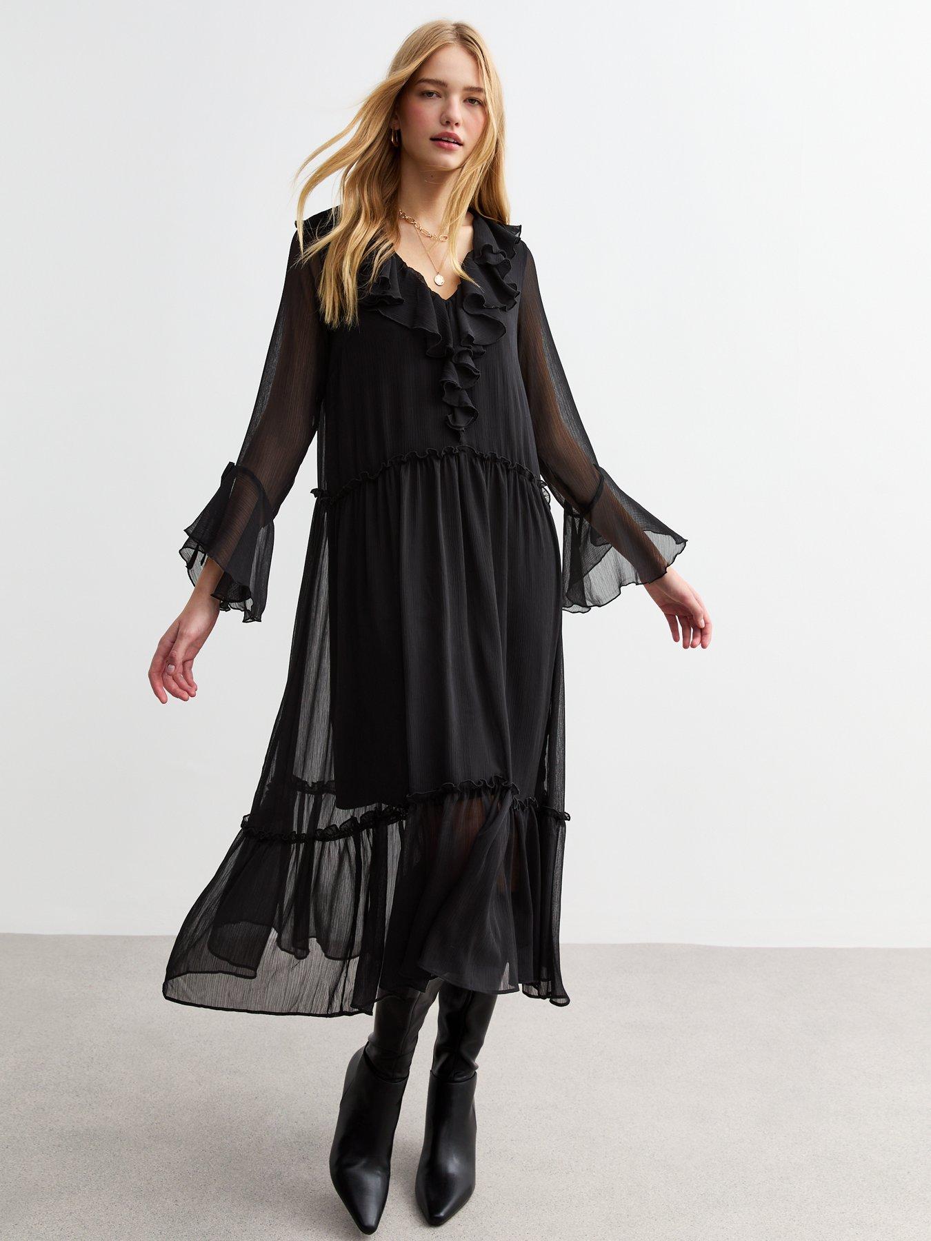 undefined Ruffle Long Sleeve Midi Dress - Black