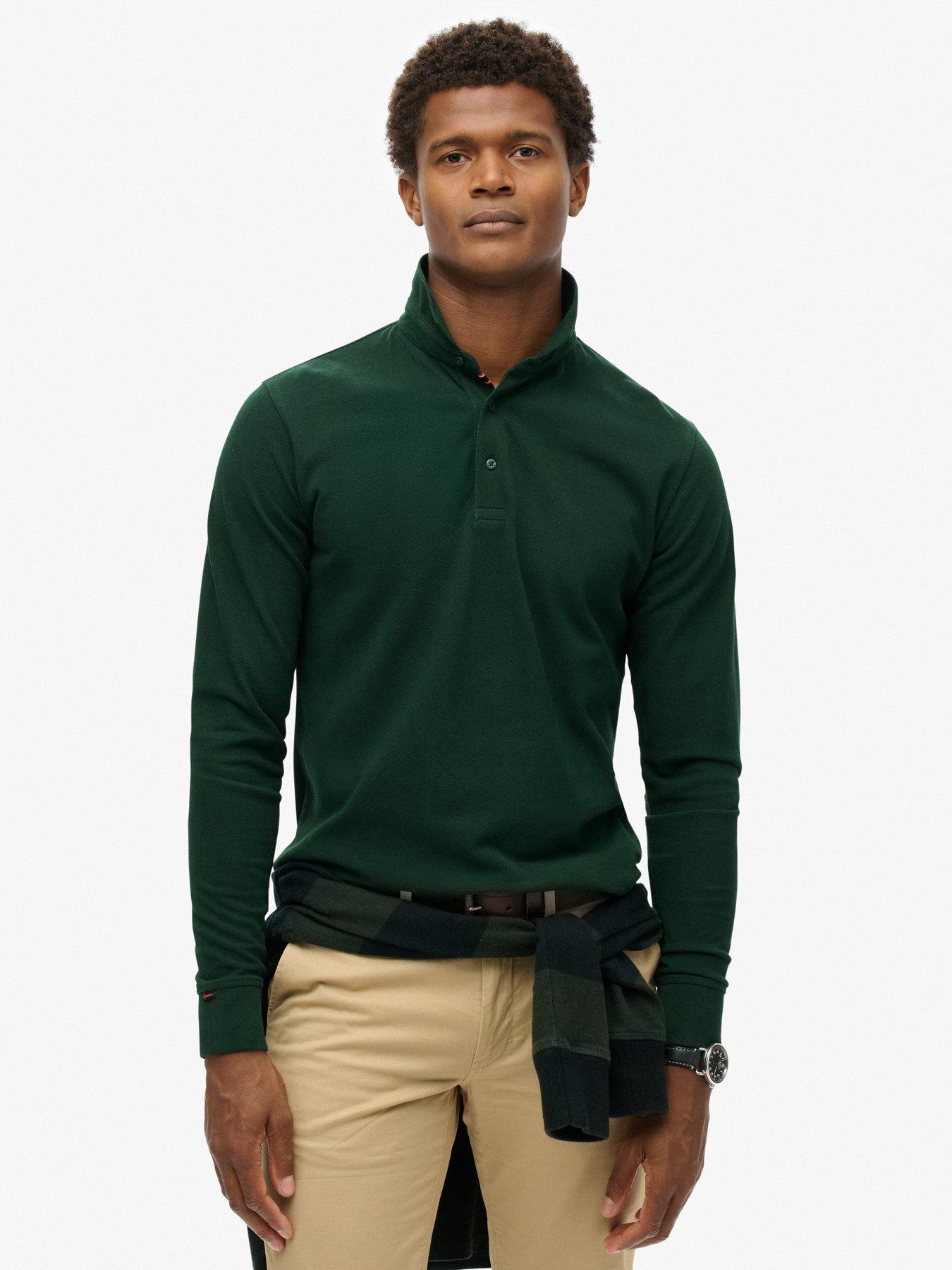 undefined Cotton Long Sleeve Regular Fit Pique Polo Shirt - Dark Green