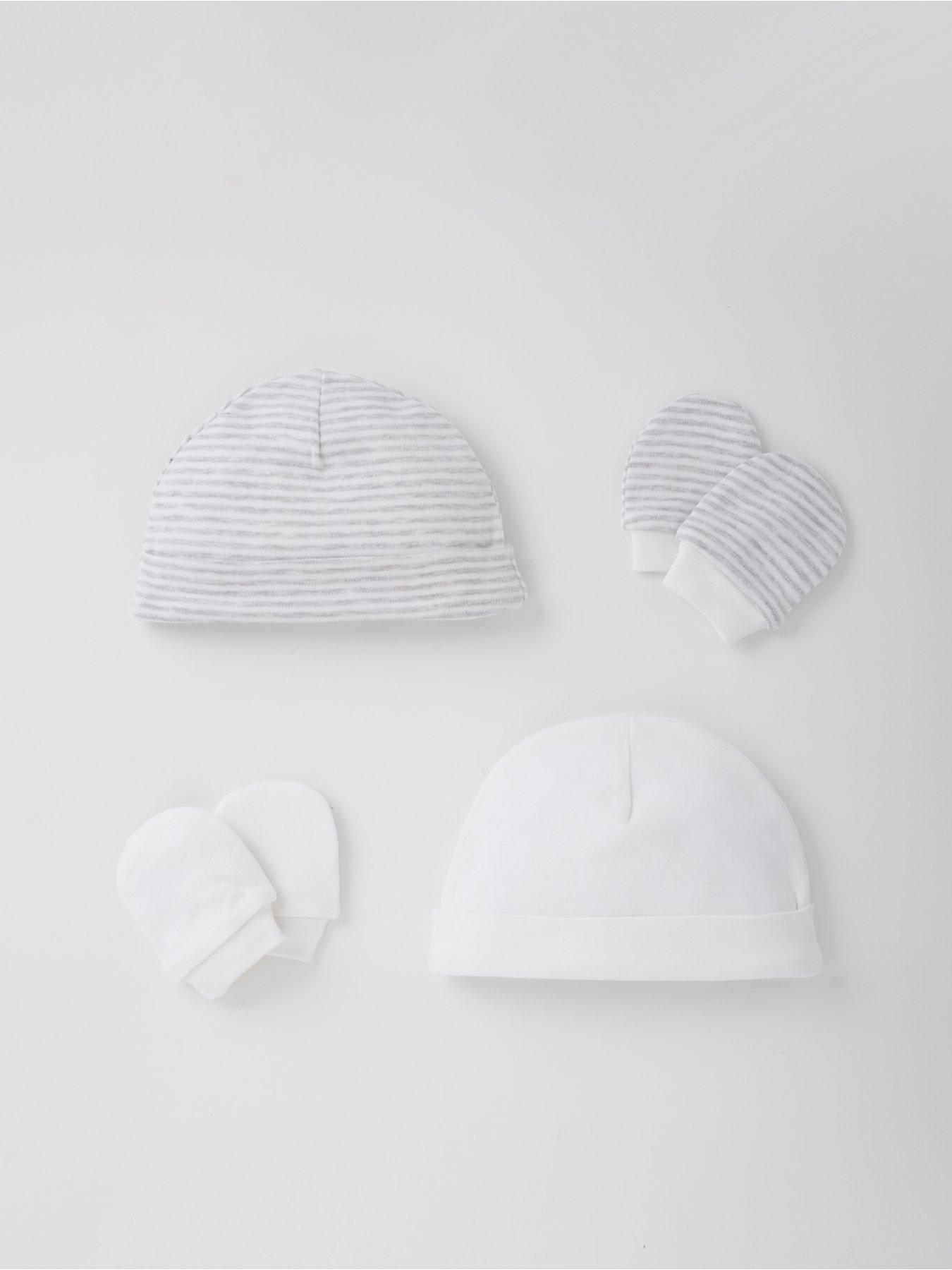 Image 1 of 5 of The Very Collection Baby Unisex 2 Pack Hat And Scratch Mitten Set - White