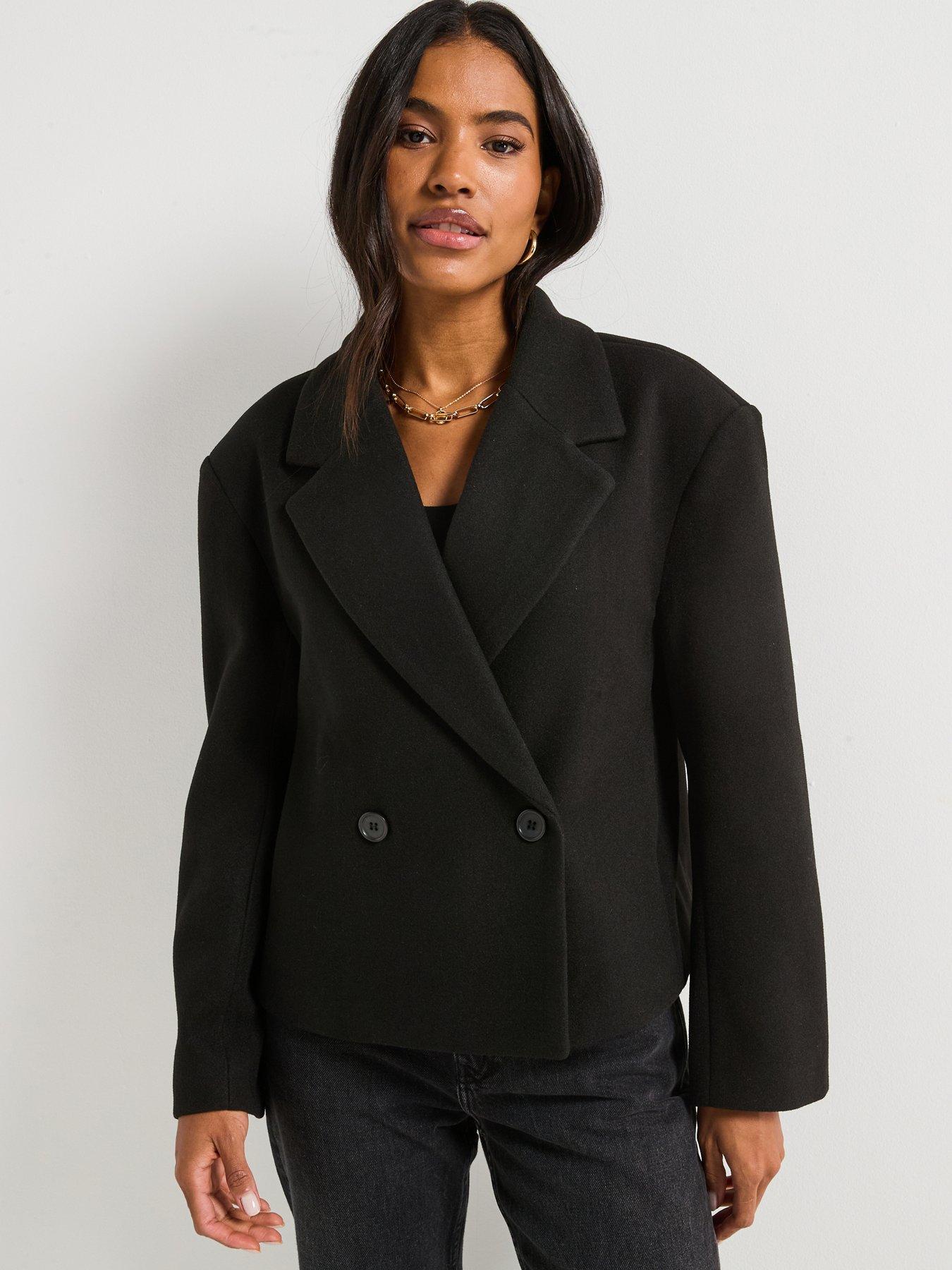 undefined Faux Wool Cropped Blazer - Black