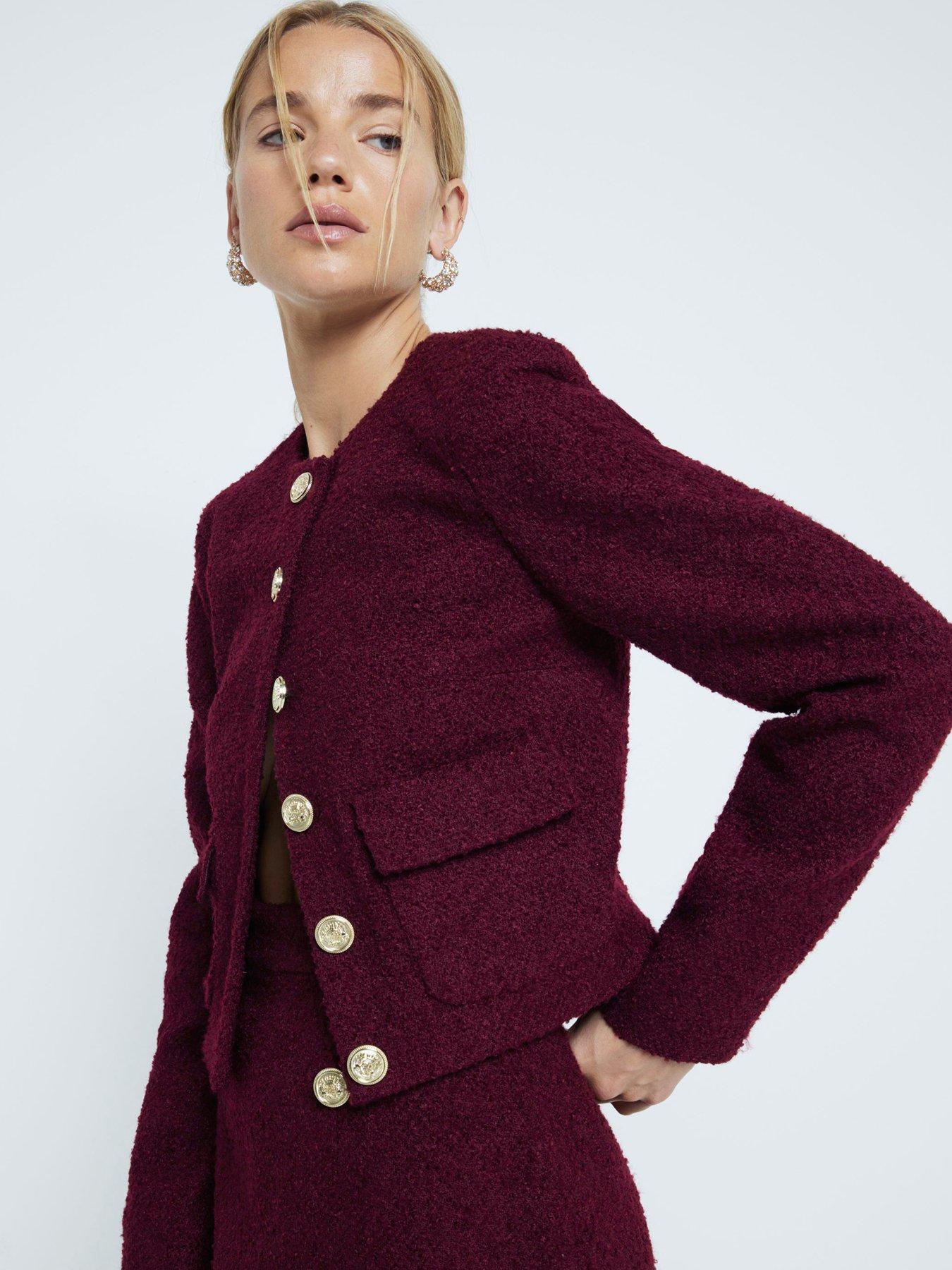 Cropped Collarless Jacket Dark Red