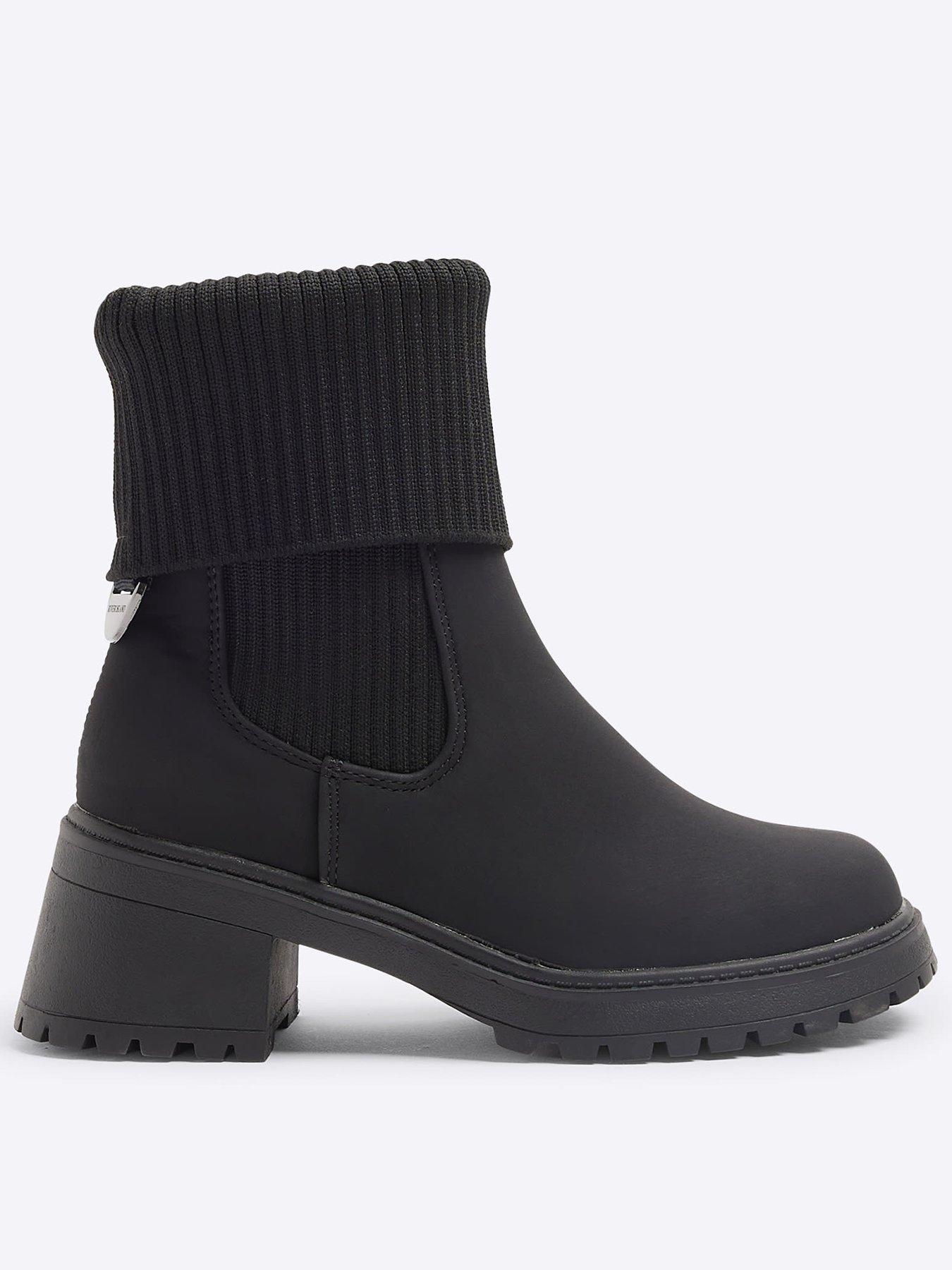 River Island Girls Roll Knit Heeled Boots Black littlewoods