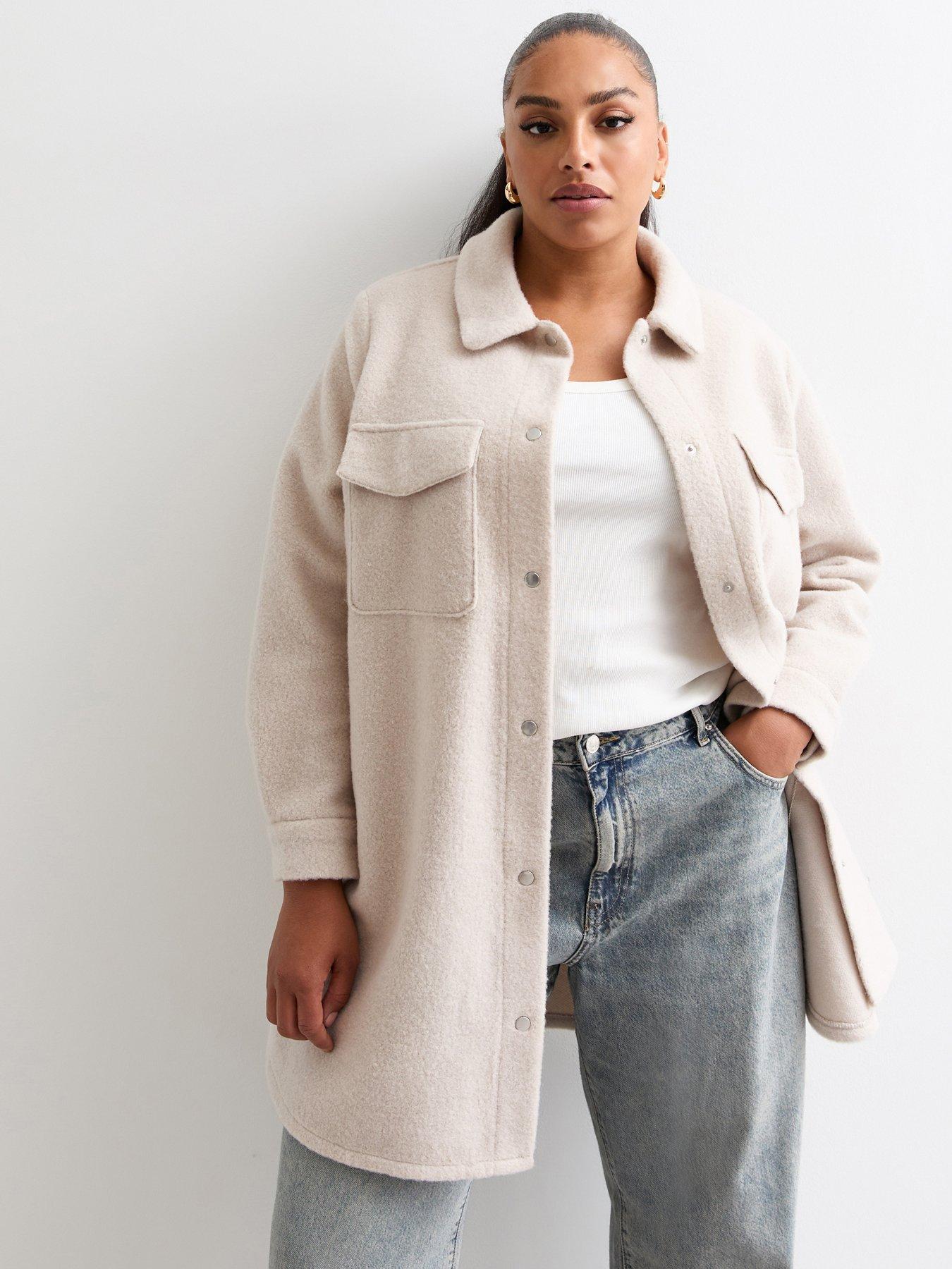 New Look Curves Felted Press Stud Shacket - Cream | Littlewoods