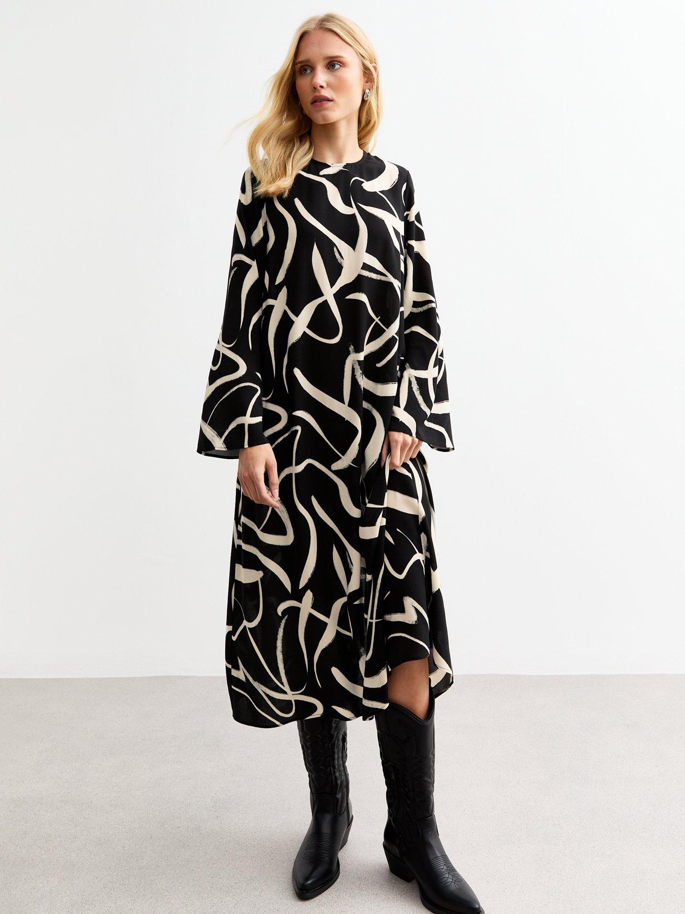 undefined Black Abstract Tie Back Midi Dress - Black