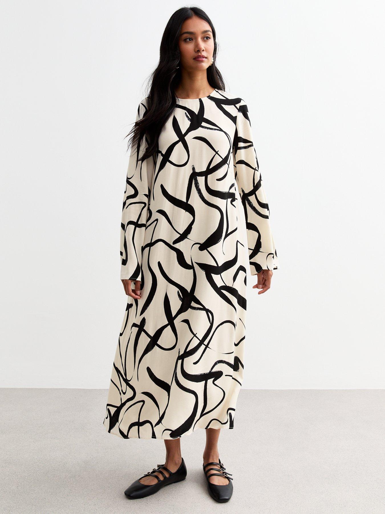 undefined Off White Abstract Tie Back Midi Dress - Print
