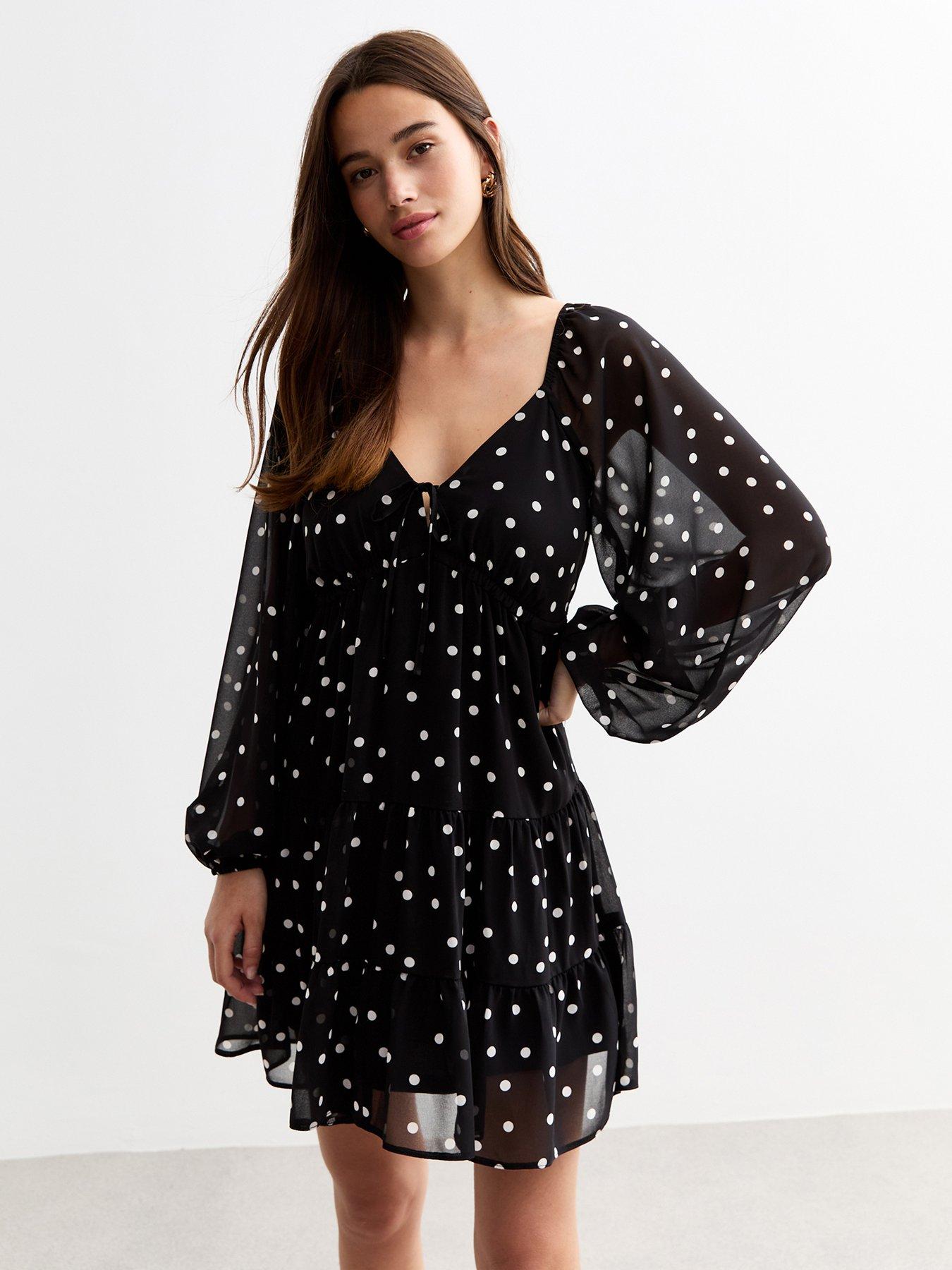 undefined Polka Dot Chiffon Mini Smock Dress - Black