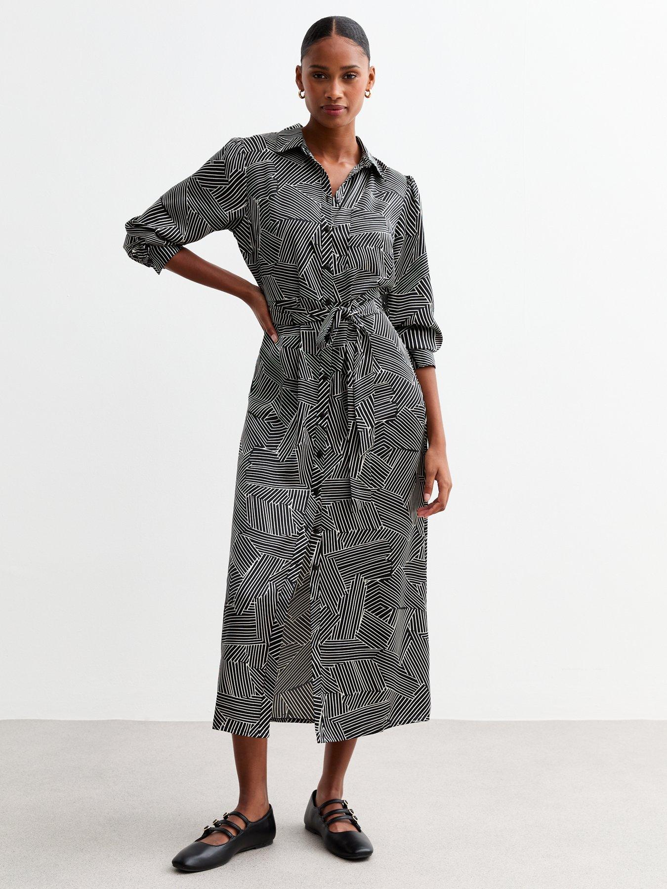 undefined Geometric Patterned Belted Midi Shirt Dress - Black/Print