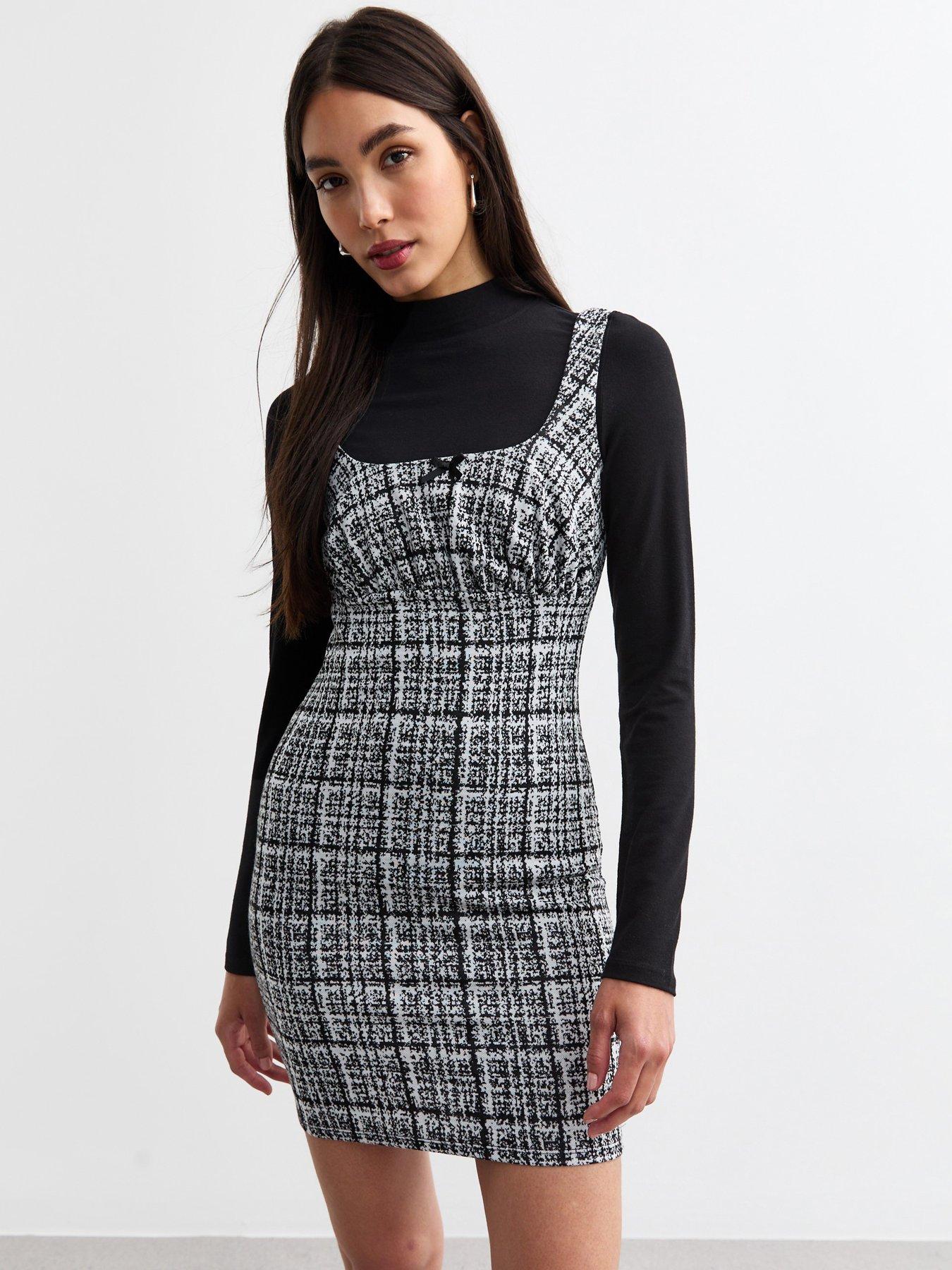 undefined Check Bow Detail Pinny Dress - Light Grey/Print