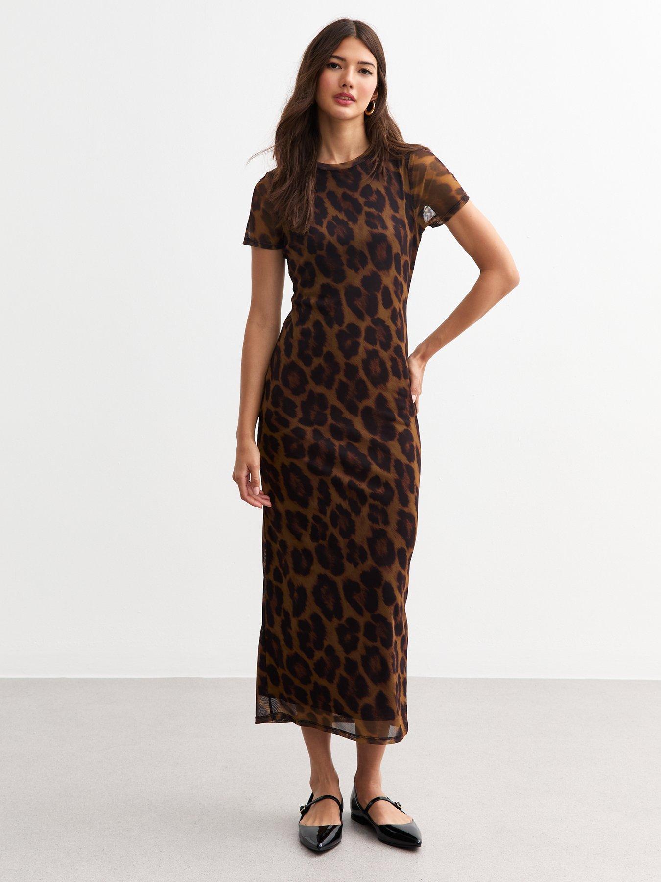 New Look Brown Leopard Print Mesh Midi Dress littlewoods