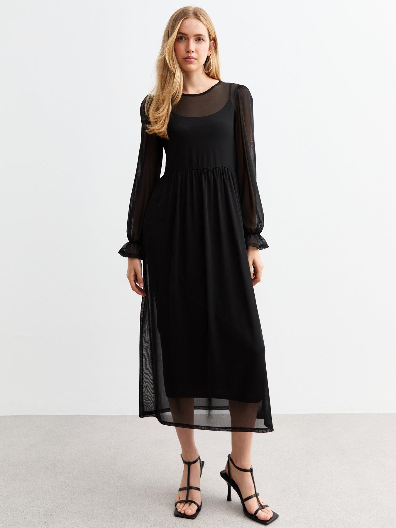 undefined Mesh Long Sleeve Midi Smock Dress - Black