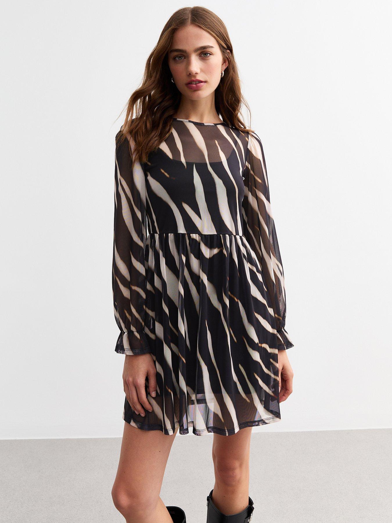 undefined Tiger Print Smock Mesh Mini Dress - Black/White