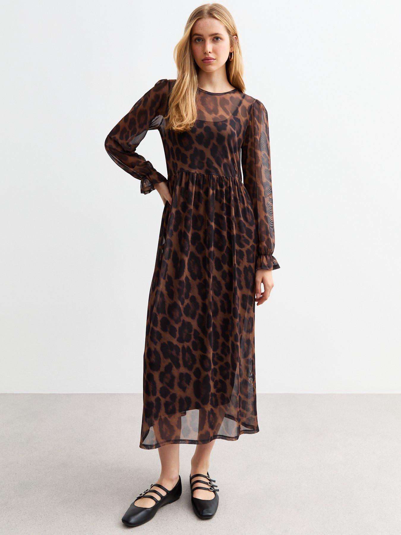 undefined Leopard Print Mesh Long Sleeve Midi Dress - Brown