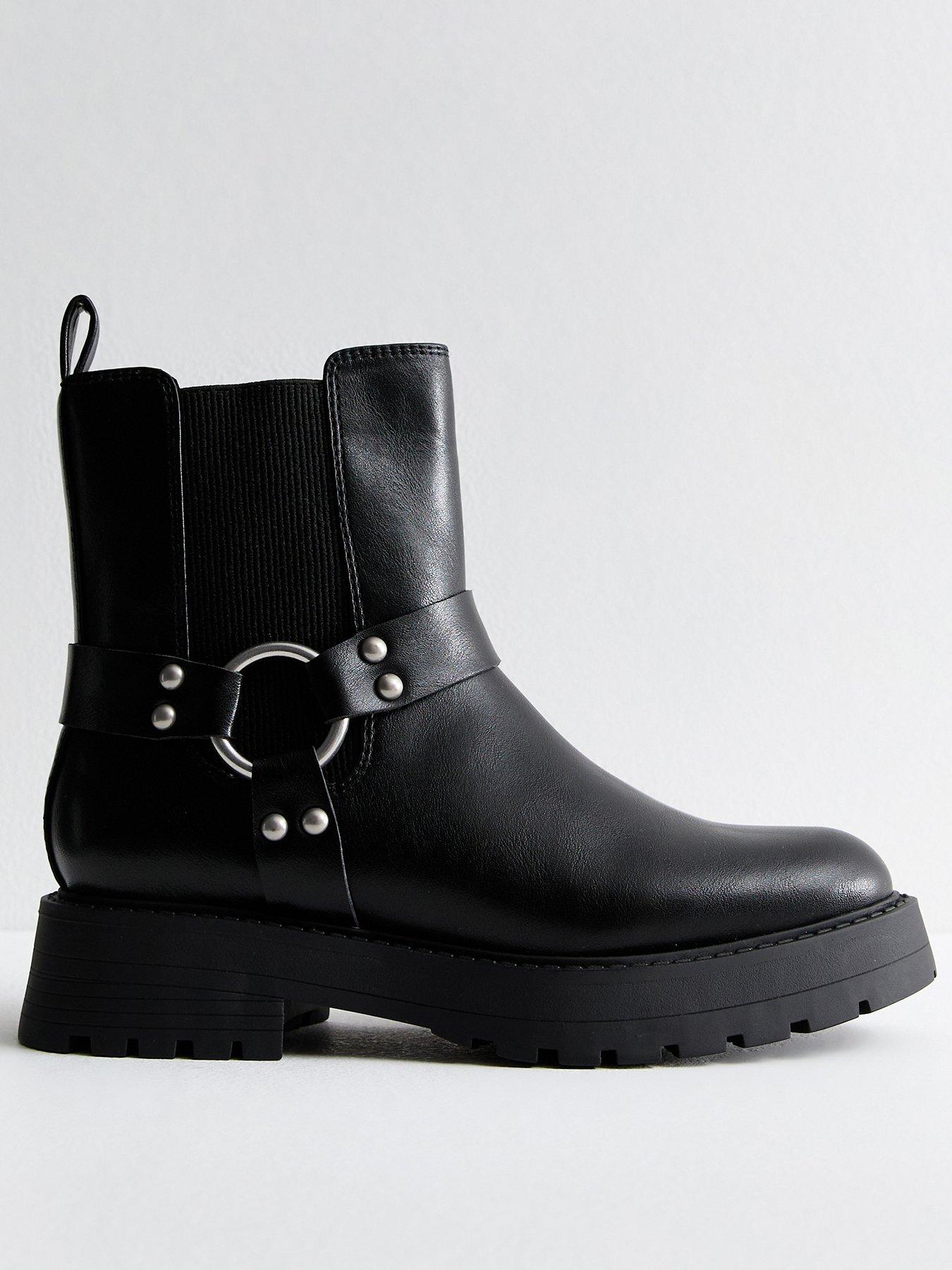 New Look Wide Fit Black Leather Look Biker Ankle Boots littlewoods