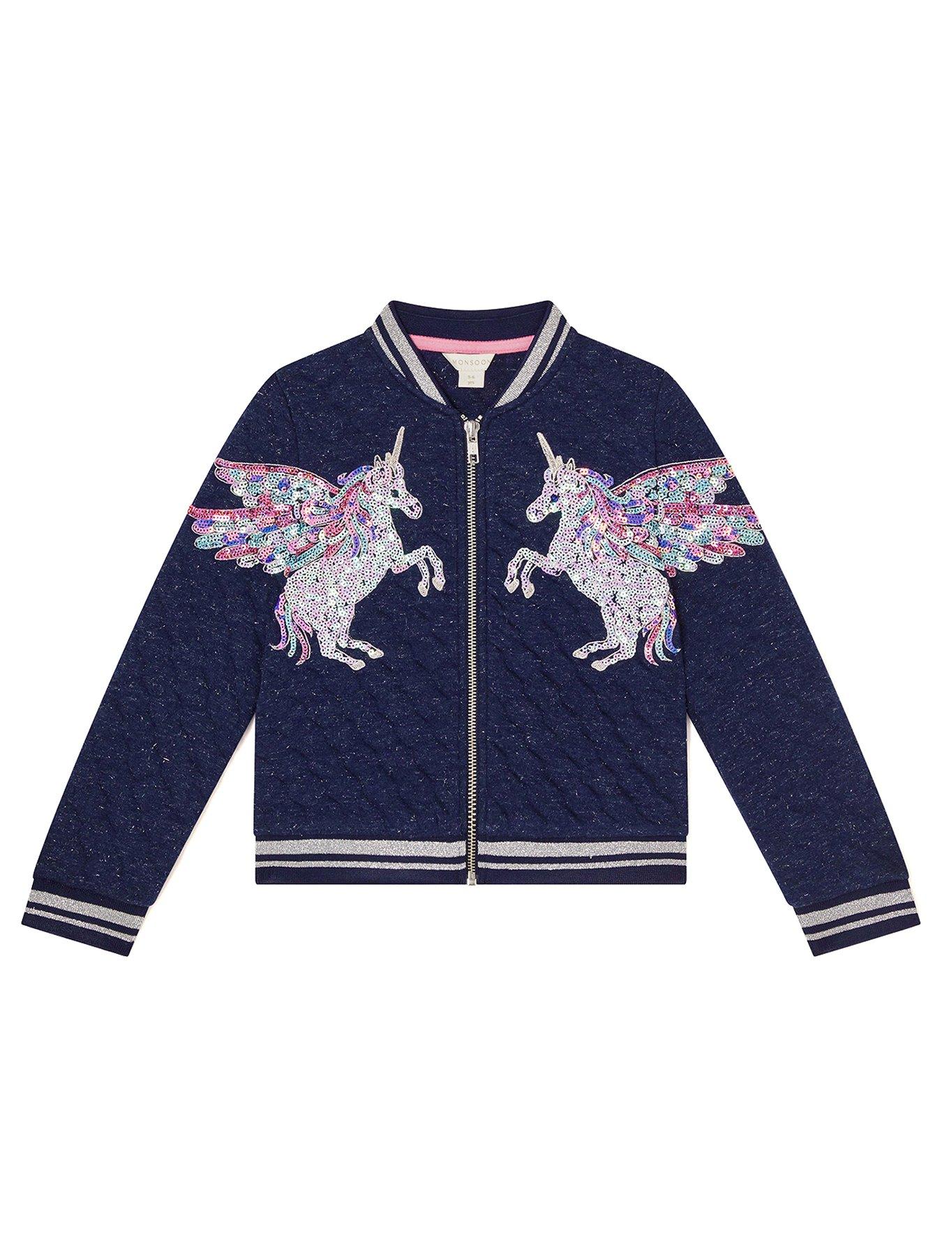 Girls Unicorn Sequin Quilted Bomber Jacket Navy