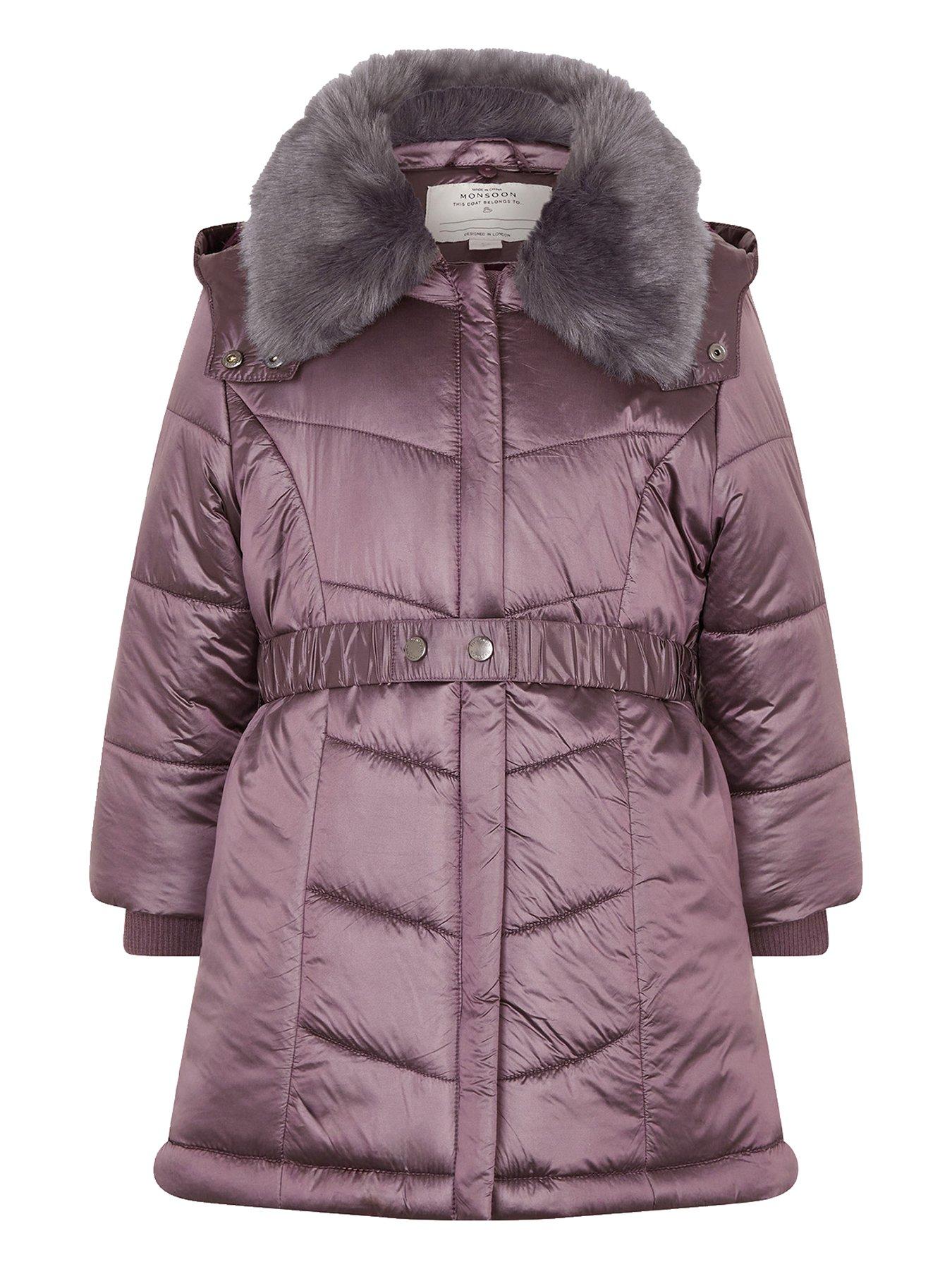 undefined Girls Metallic Chevron Faux Fur Collar Coat - Purple