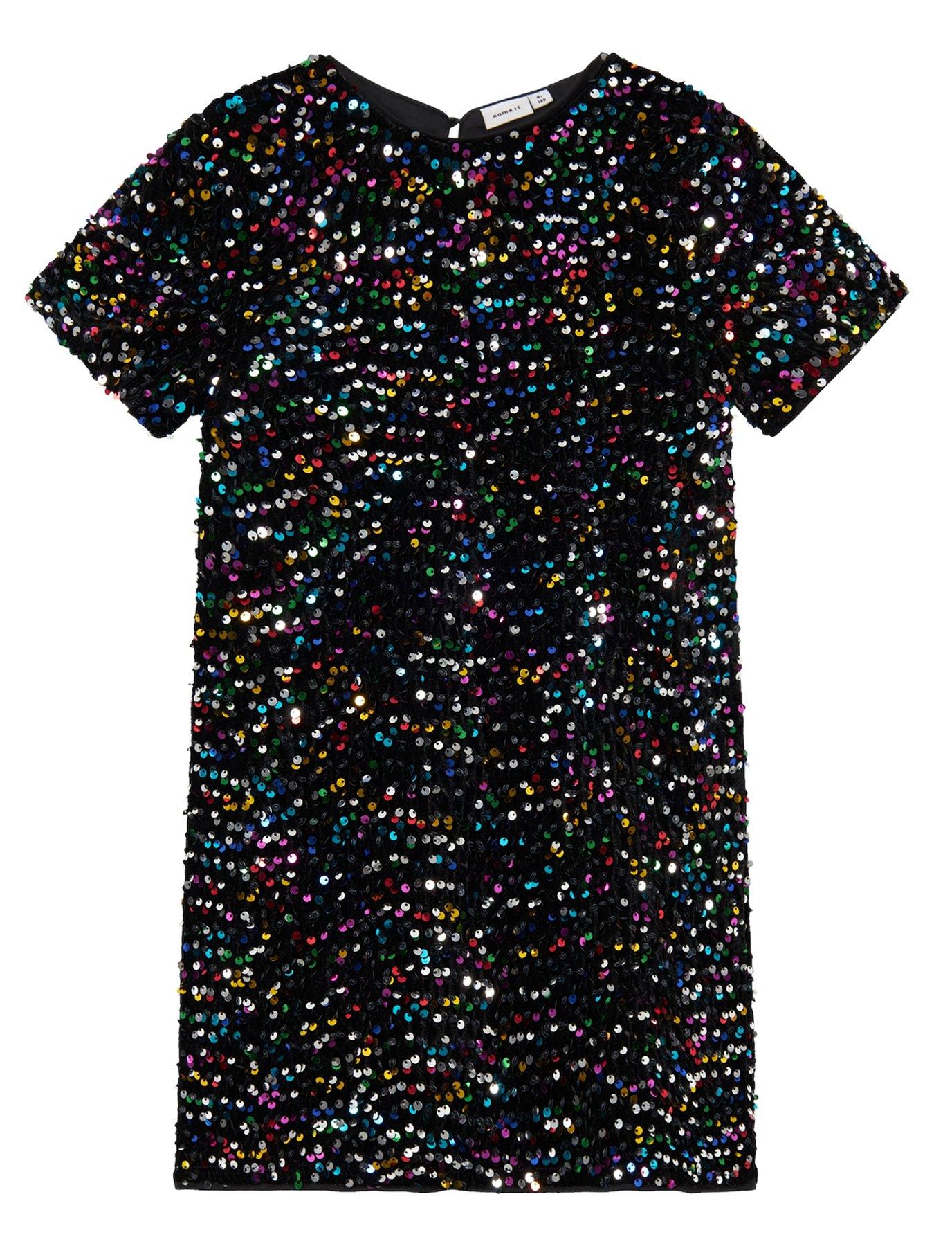 undefined Girls Sequin Short Sleeve Dress - Black Multi