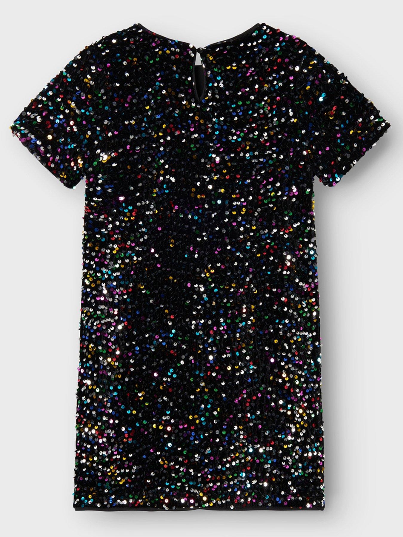  image of name-it-girls-sequin-short-sleeve-dress-black-multi