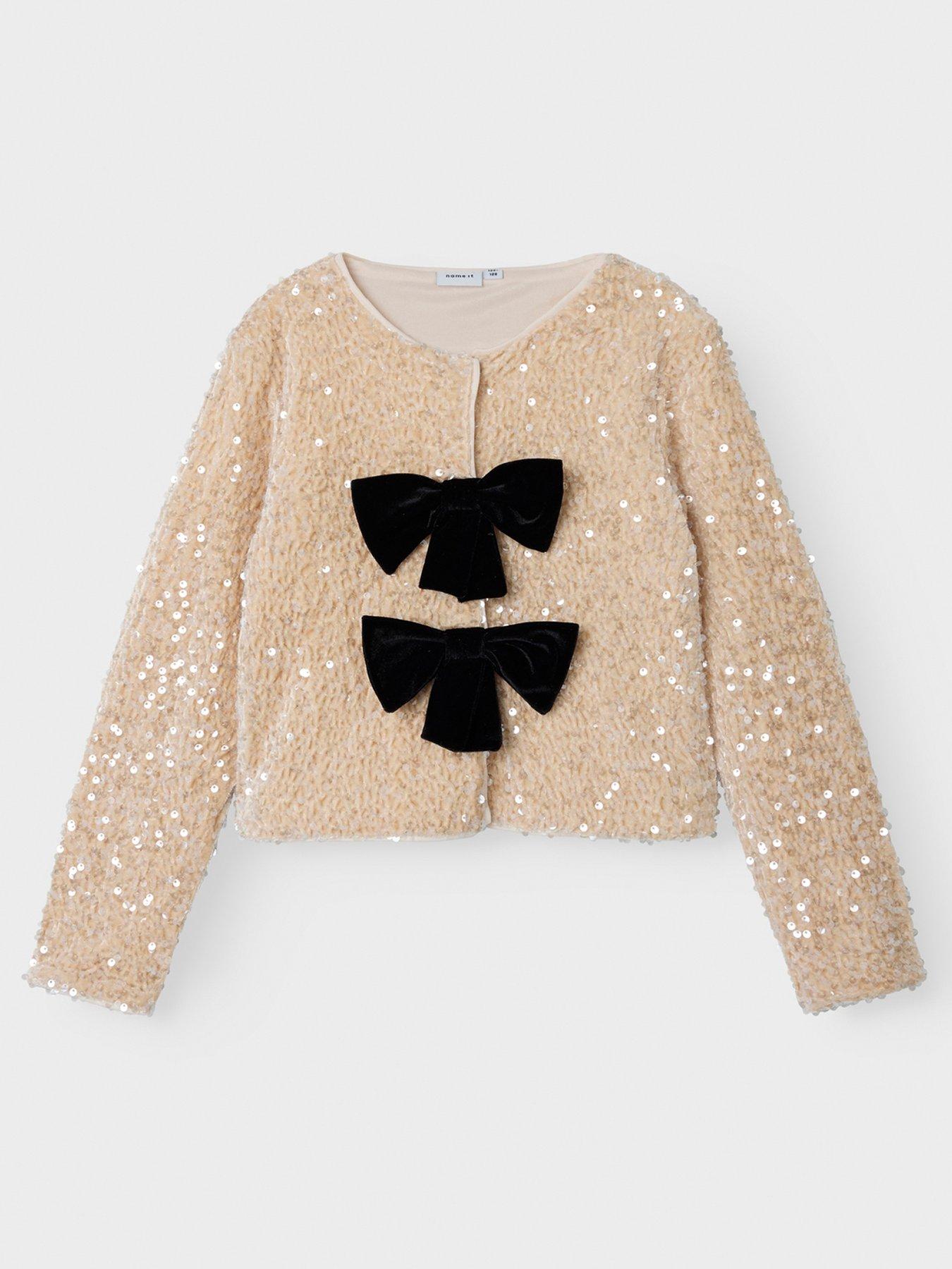 undefined Girls Bow Front Sequin Cardigan - Jet Stream - Cream