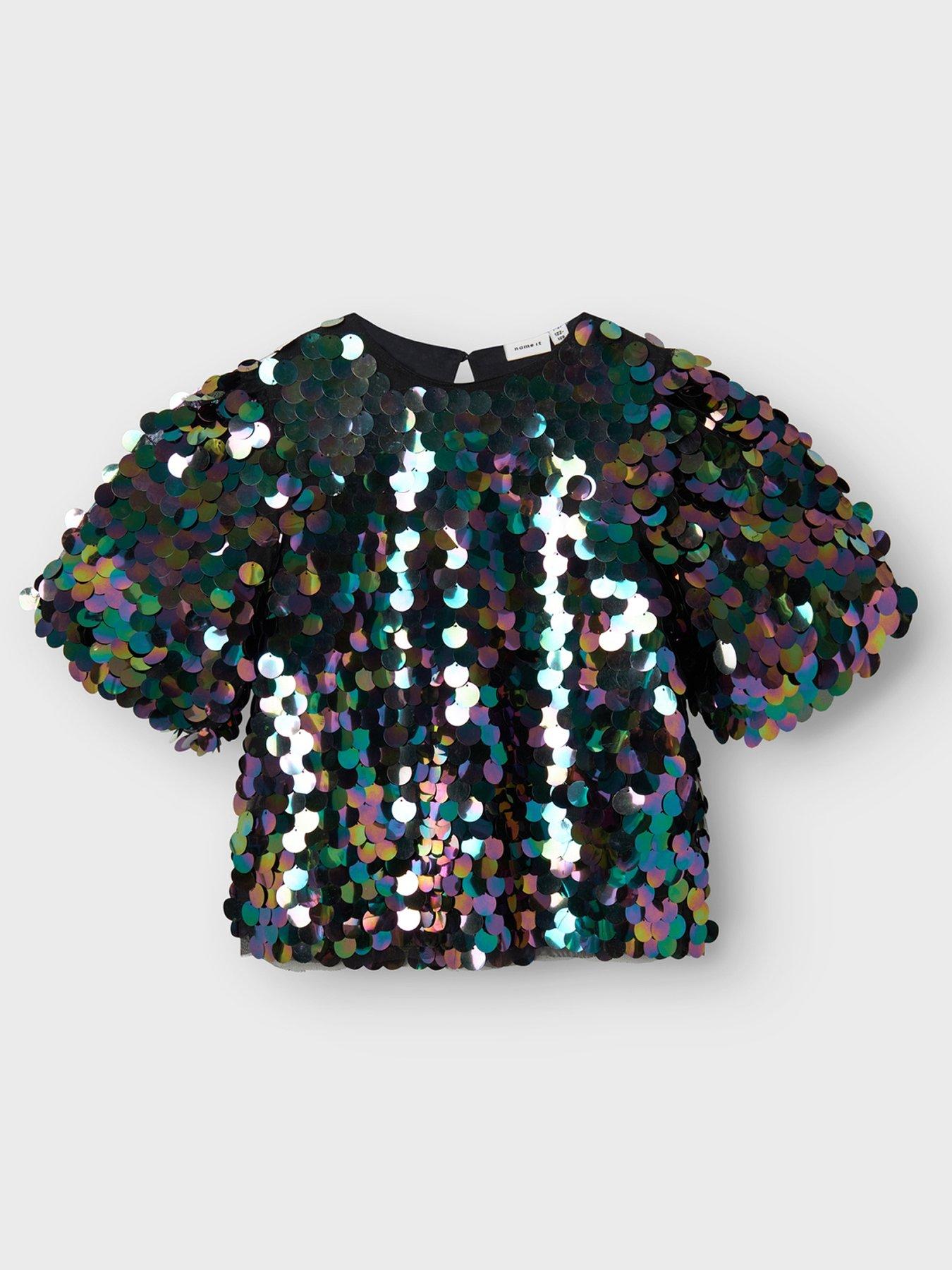 undefined Girls Sequin Short Sleeve Top - Black