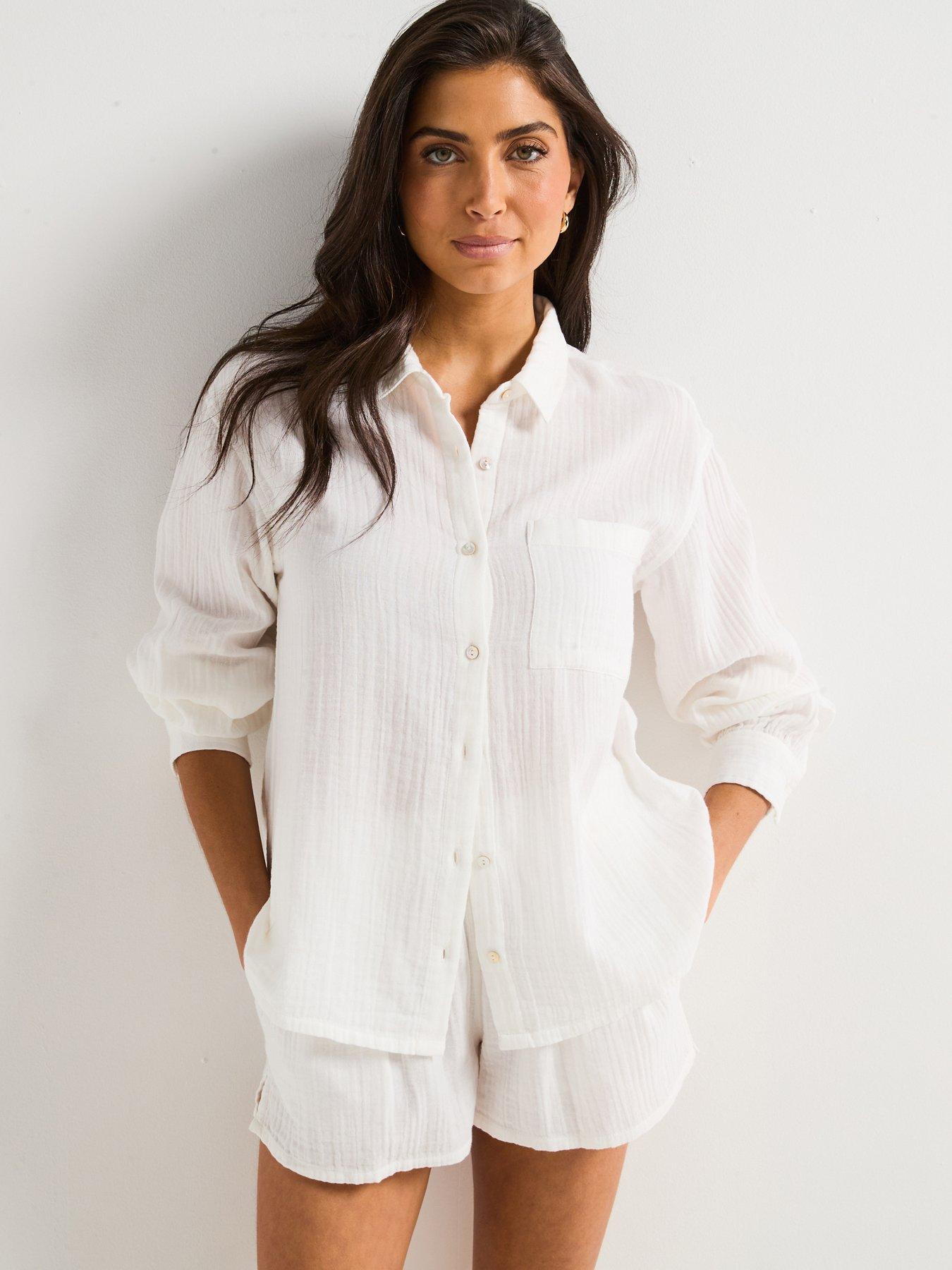 undefined Crinkle Long Sleeve Beach Shirt - White
