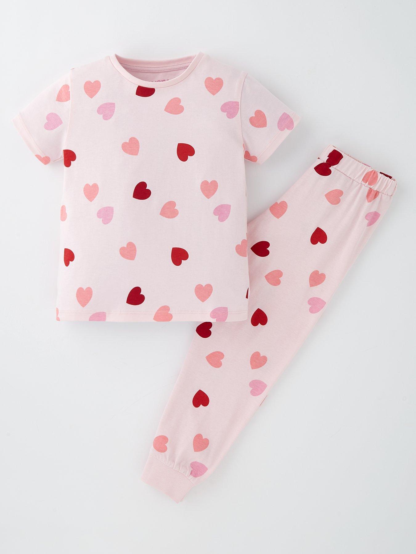 front image of everyday-girls-short-sleeve-long-length-heart-print-jersey-pyjamas
