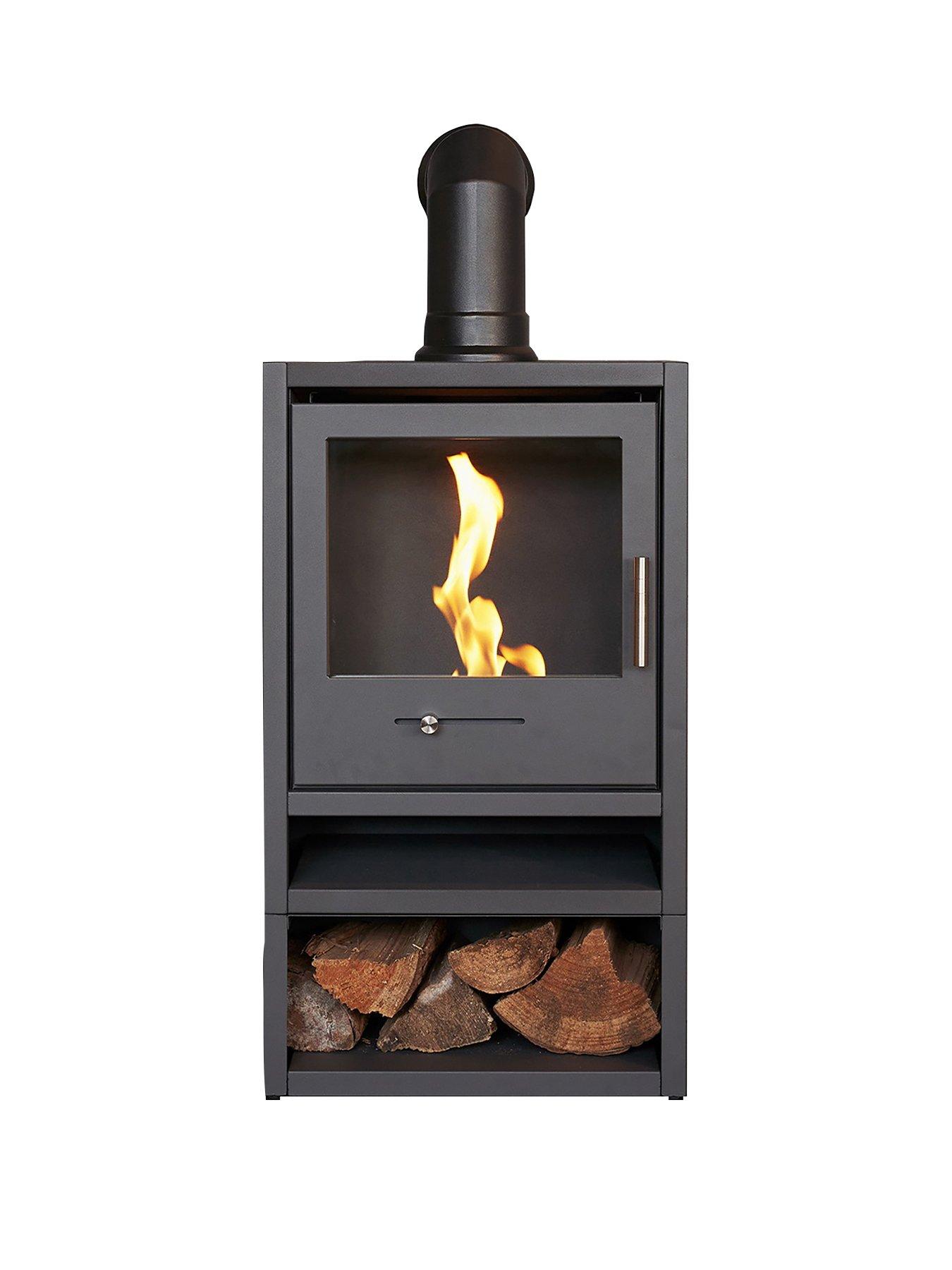  image of oko-s1-bio-ethanol-stove-with-log-storage-in-charcoal-grey-angled-stove-pipe