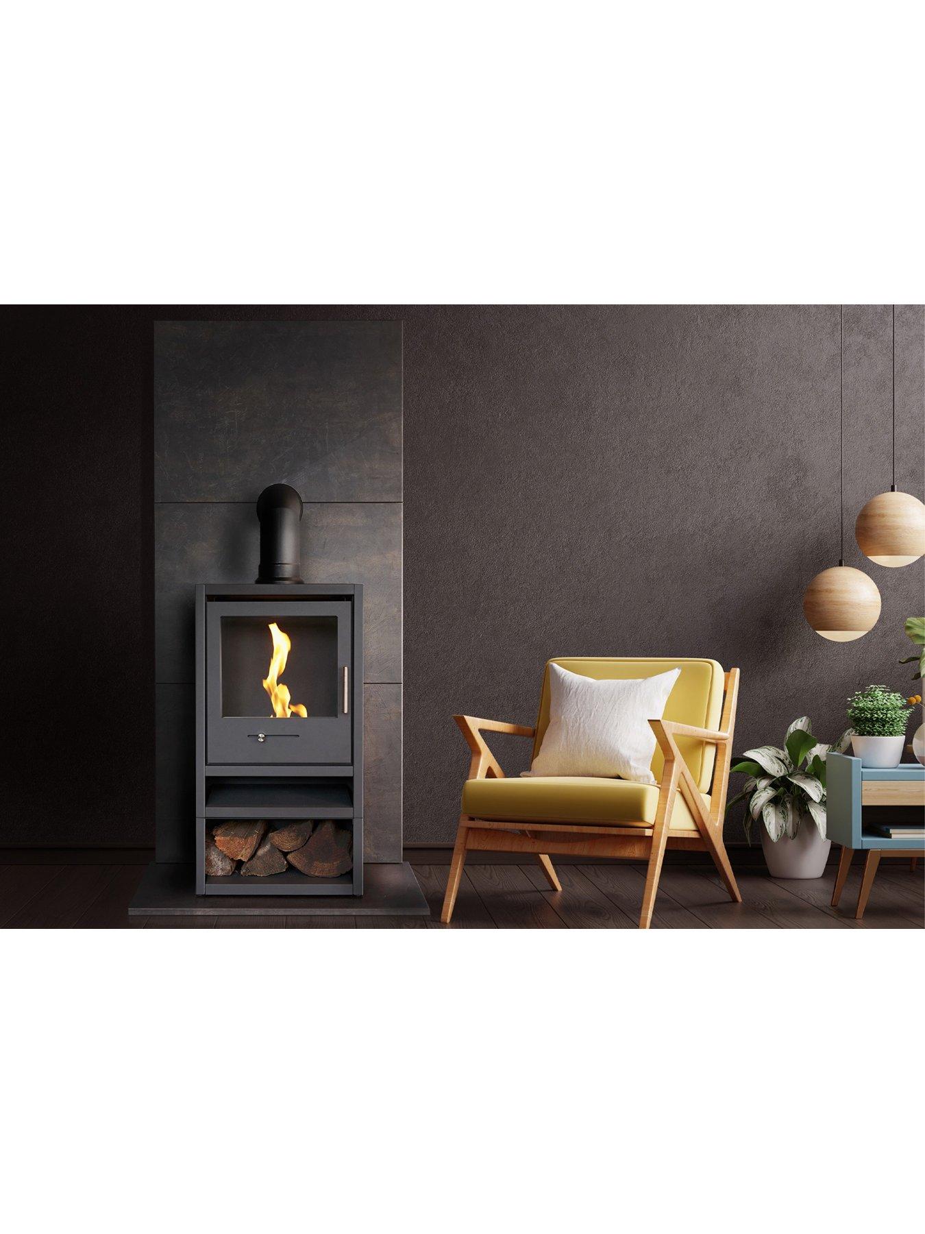  image of oko-s1-bio-ethanol-stove-with-log-storage-in-charcoal-grey-angled-stove-pipe