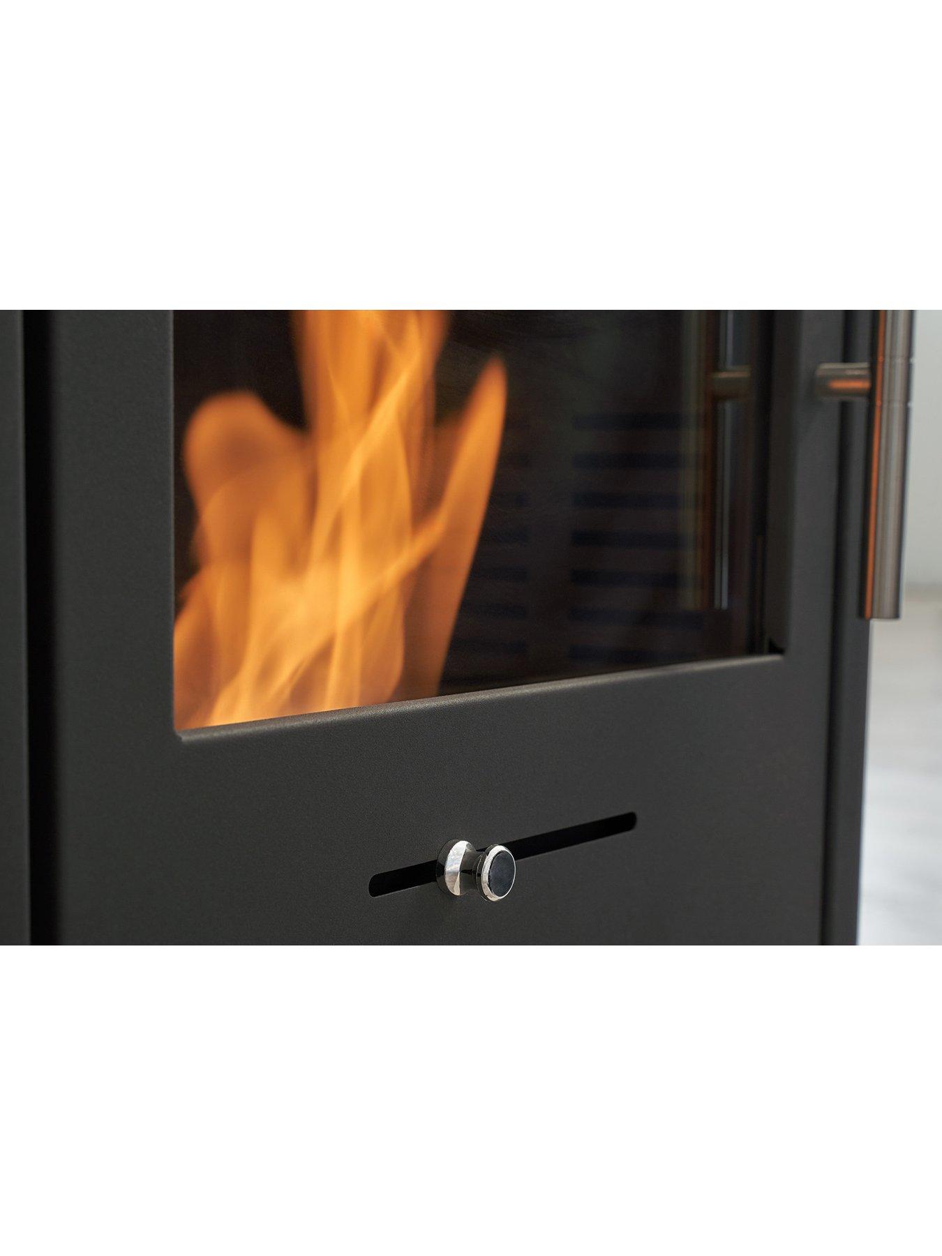  image of oko-s1-bio-ethanol-stove-with-log-storage-in-charcoal-grey-angled-stove-pipe