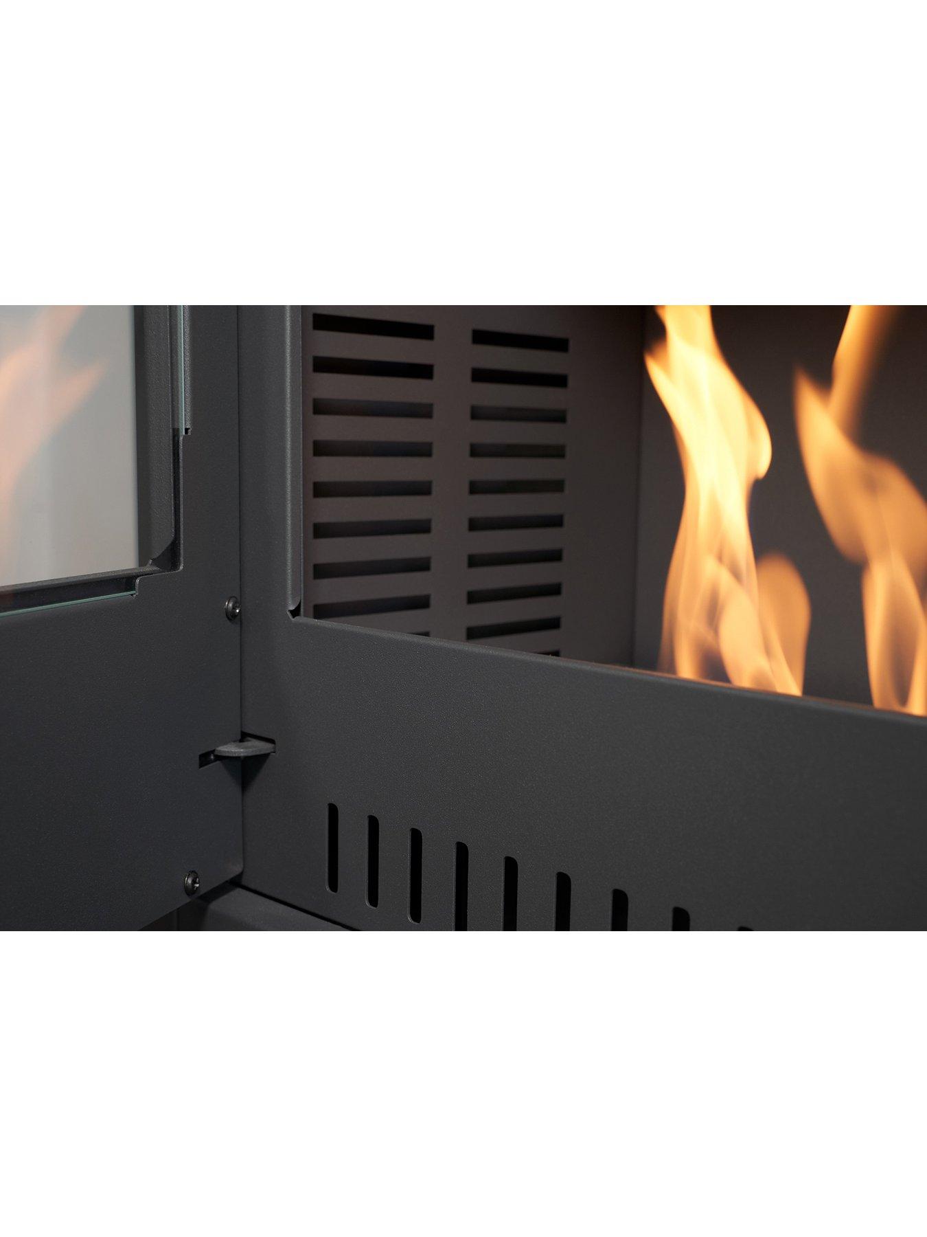  image of oko-s1-bio-ethanol-stove-with-log-storage-in-charcoal-grey-angled-stove-pipe